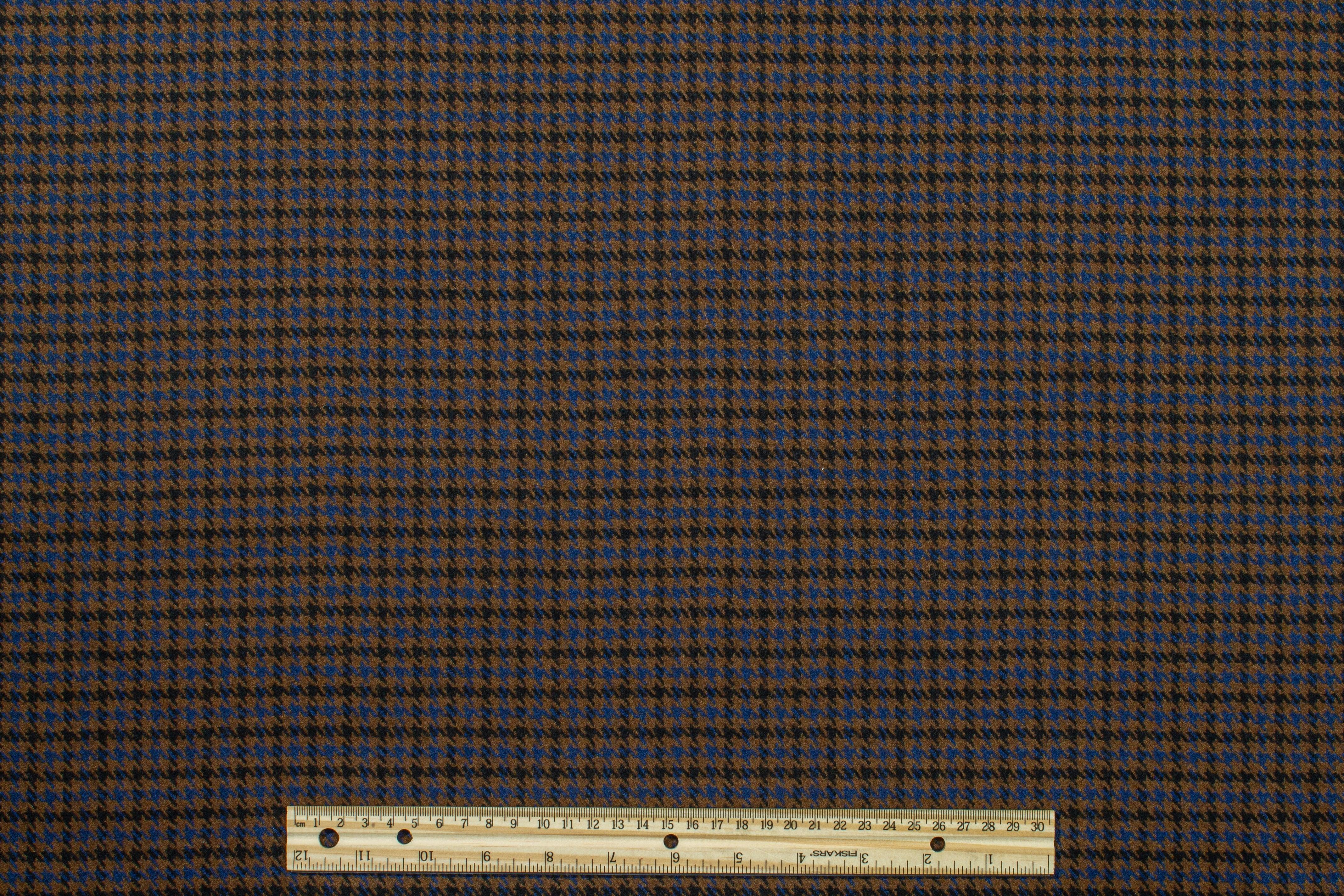 Brown and Blue Houndstooth Wool Suiting - Prime Fabrics