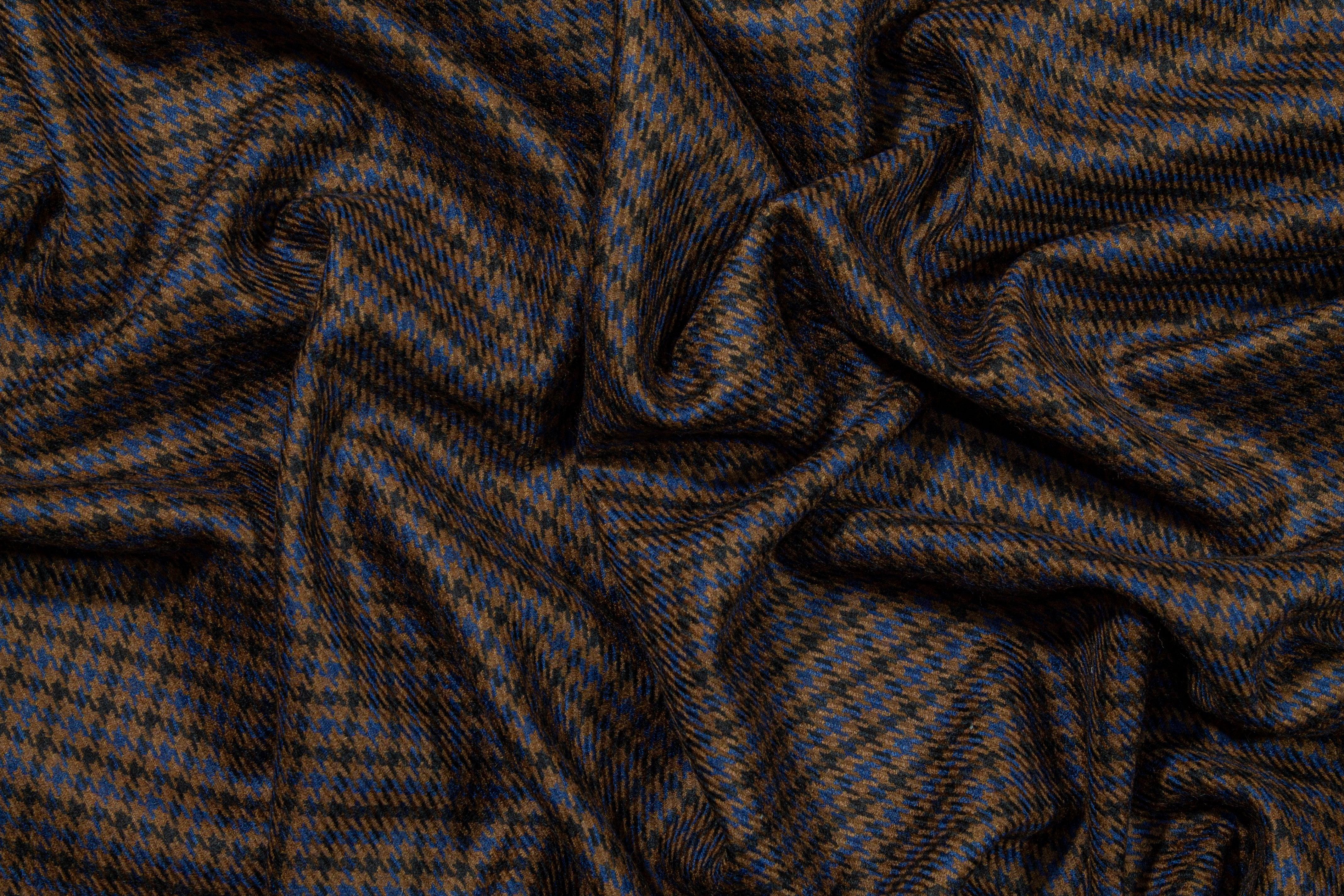 Brown and Blue Houndstooth Wool Suiting - Prime Fabrics
