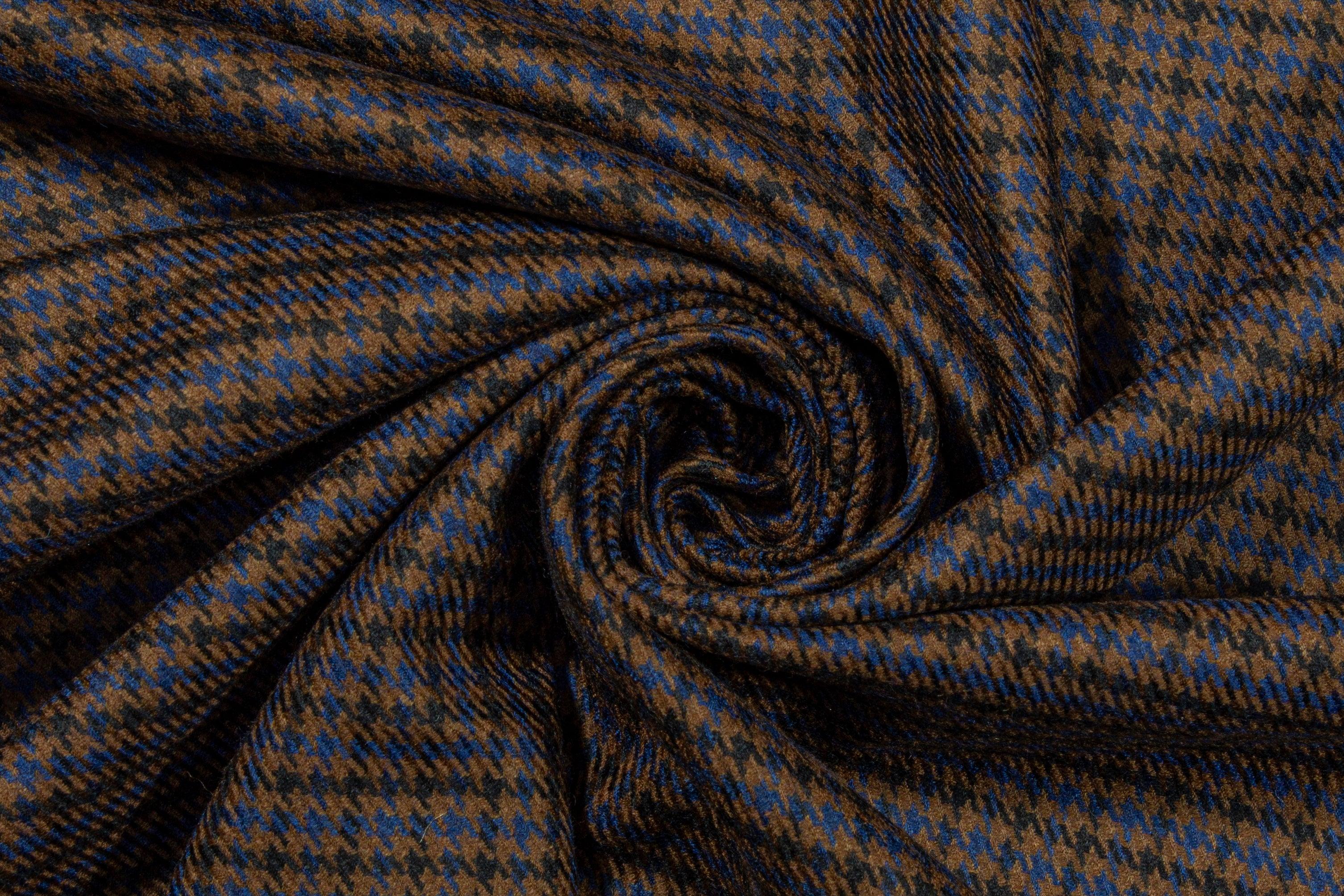 Brown and Blue Houndstooth Wool Suiting - Prime Fabrics