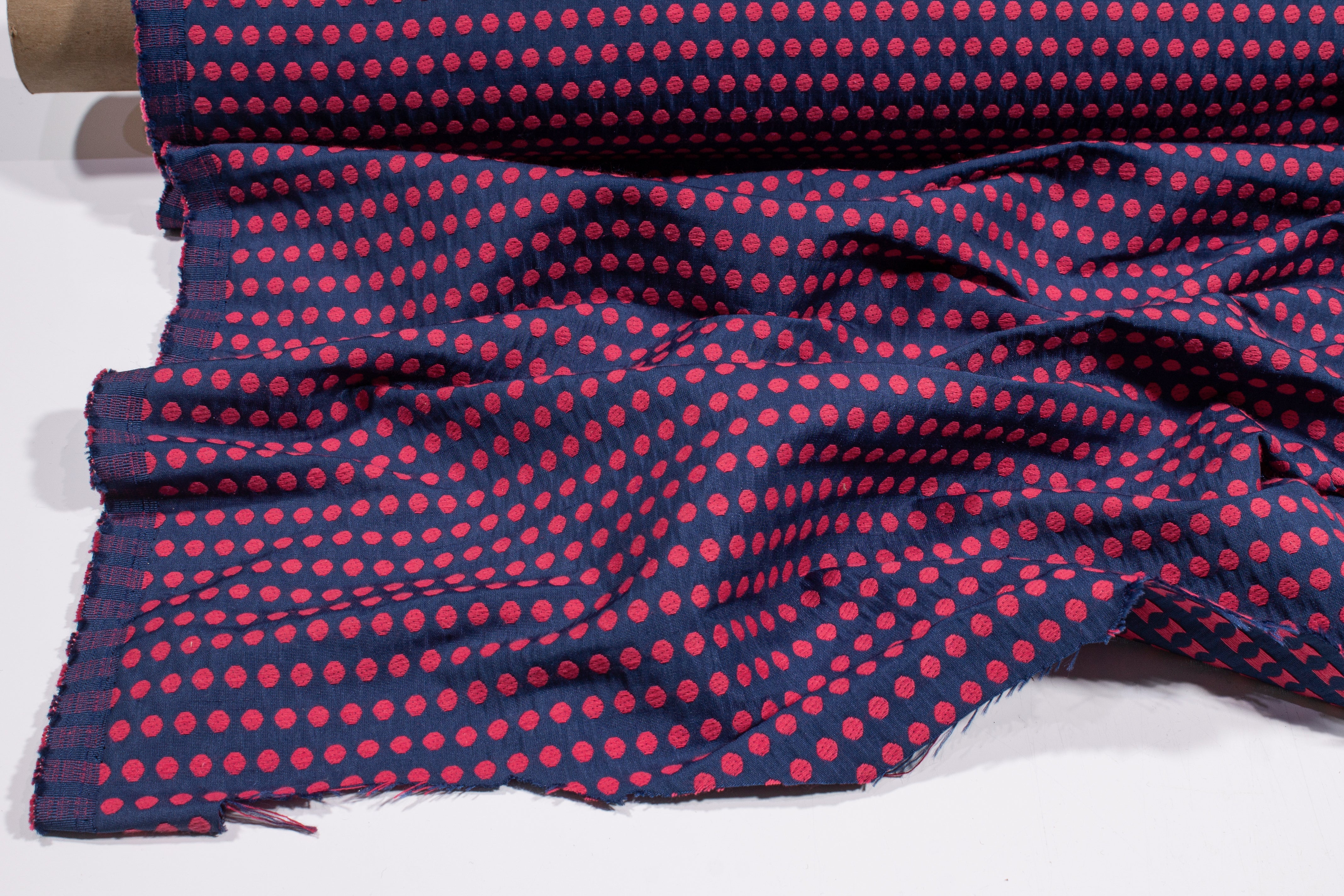 Dotted Brocade - Raspberry Red and Navy Blue