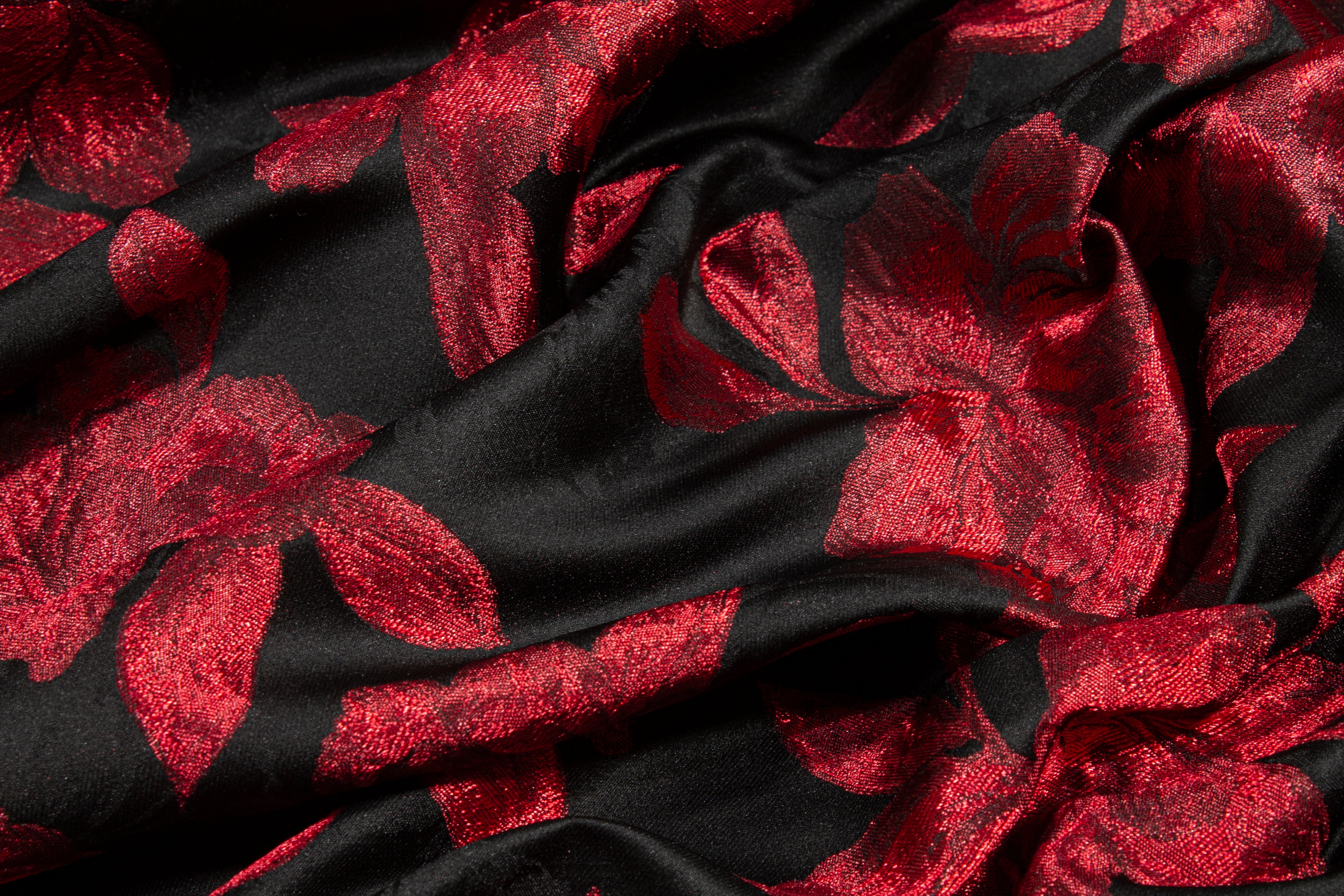 Metallic Floral Brocade - Red and Black
