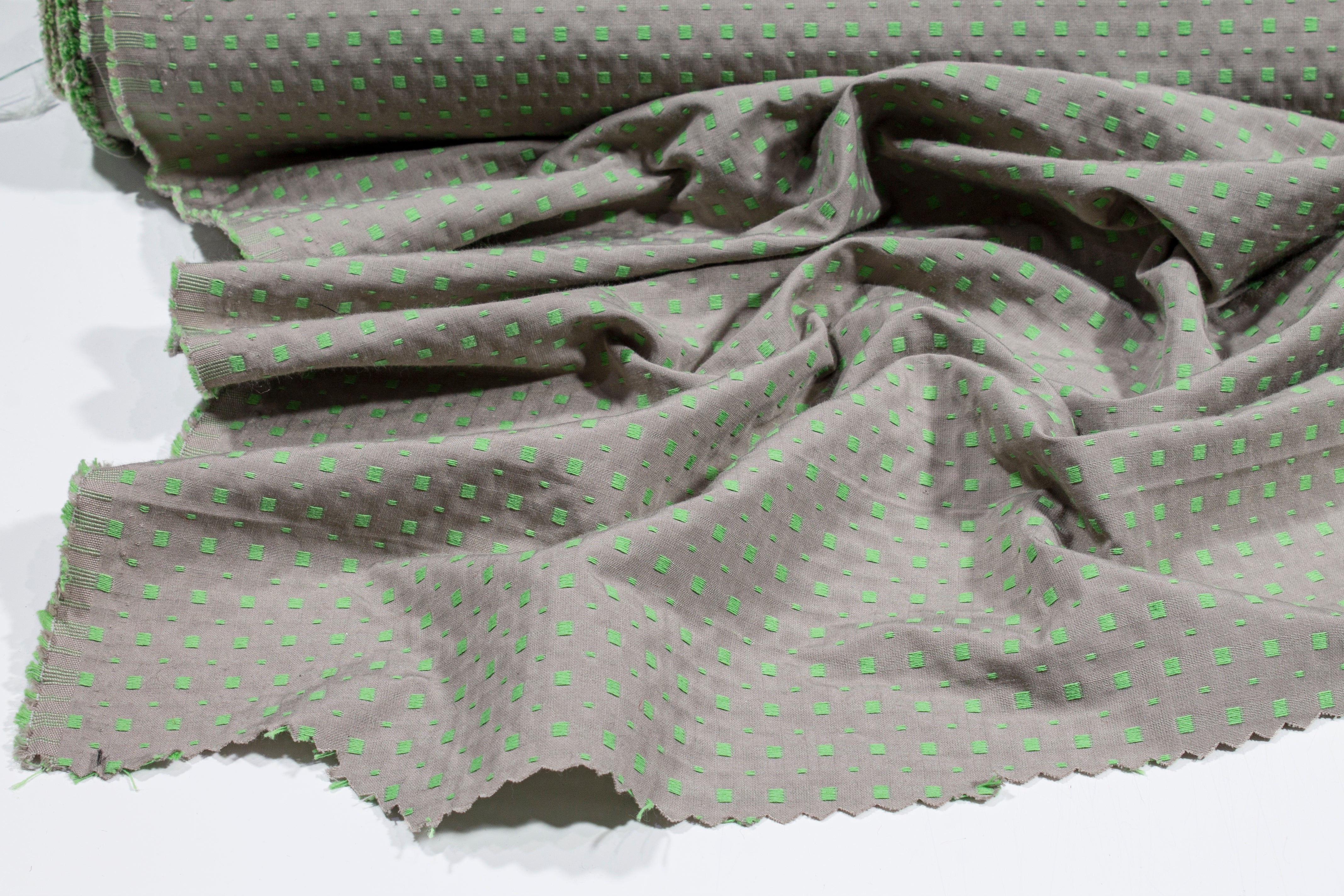 Dotted Poly Cotton Brocade - Gray / Highlighter Green