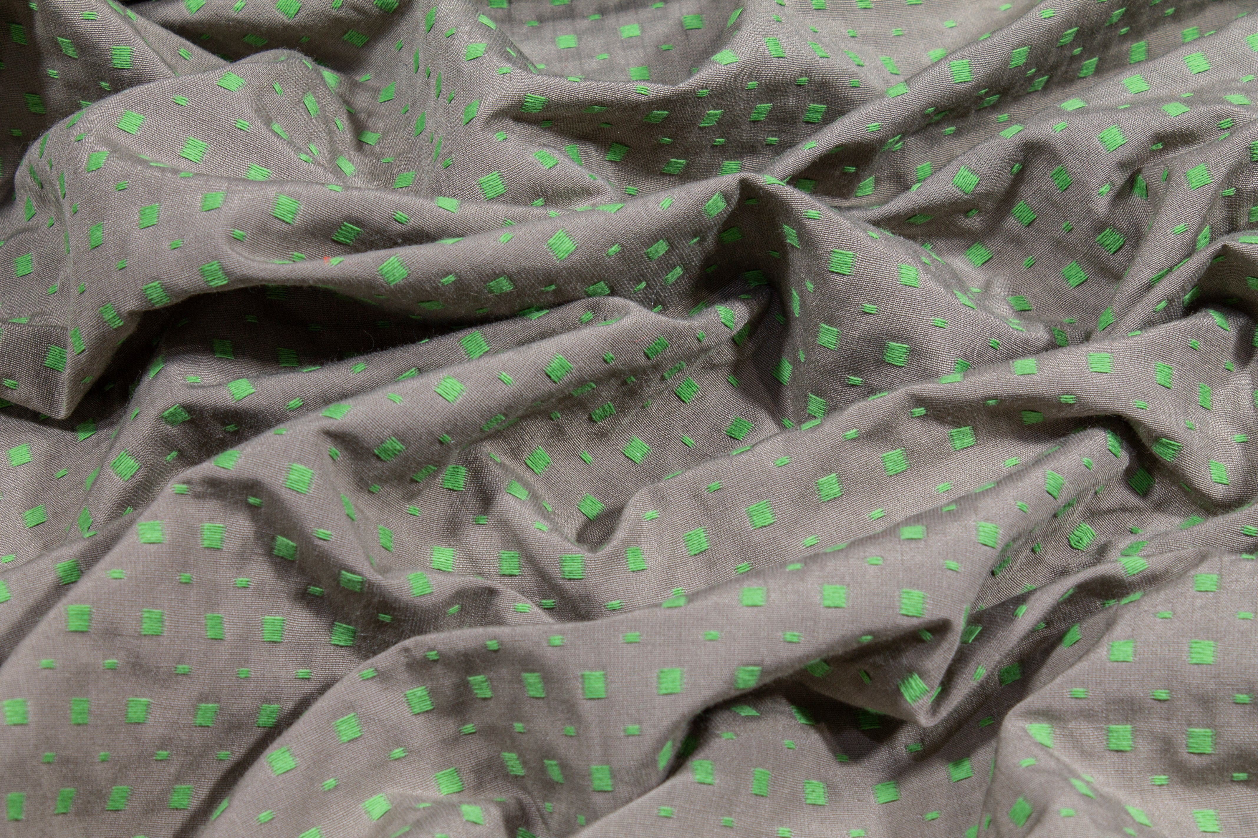 Dotted Poly Cotton Brocade - Gray / Highlighter Green