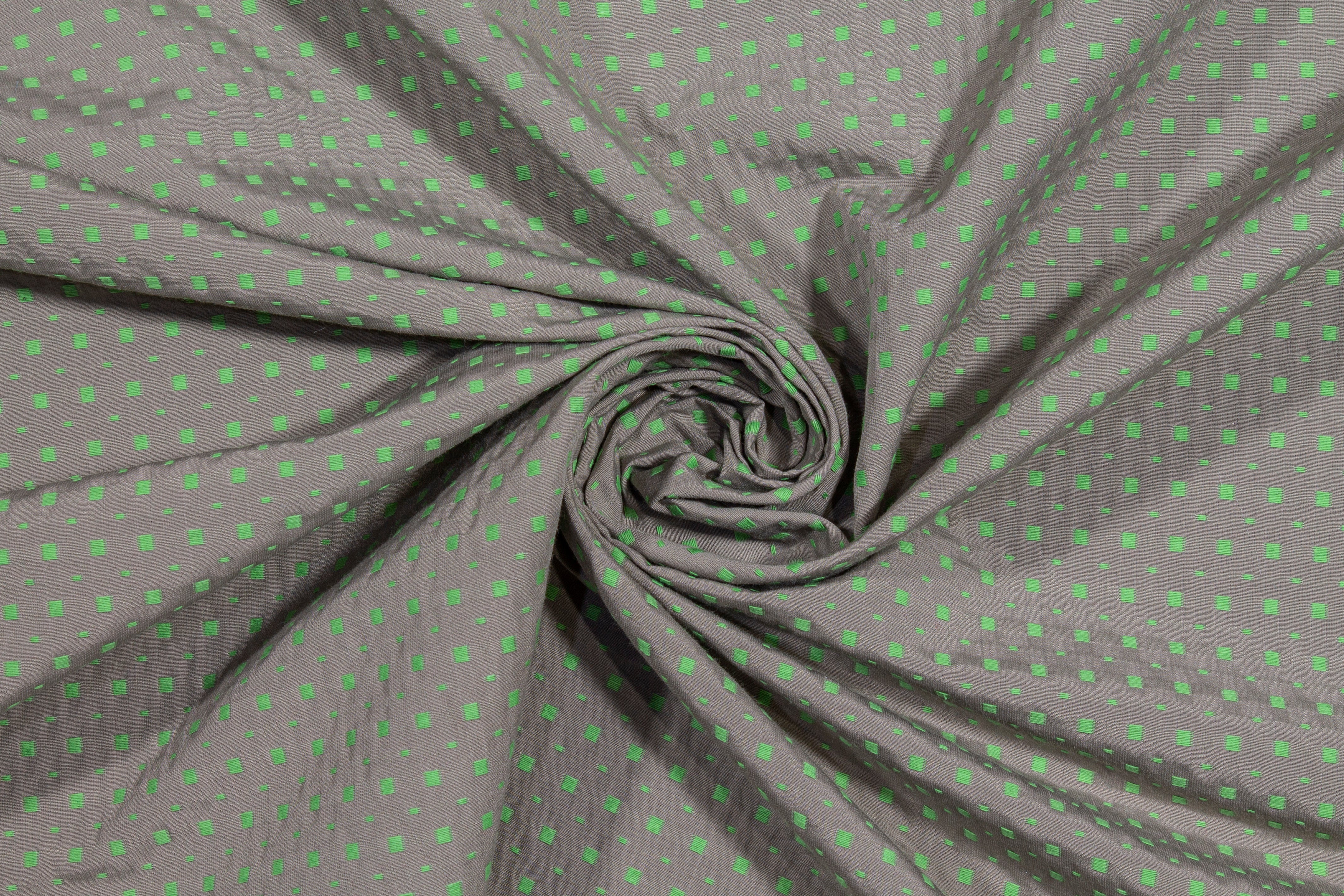 Dotted Poly Cotton Brocade - Gray / Highlighter Green