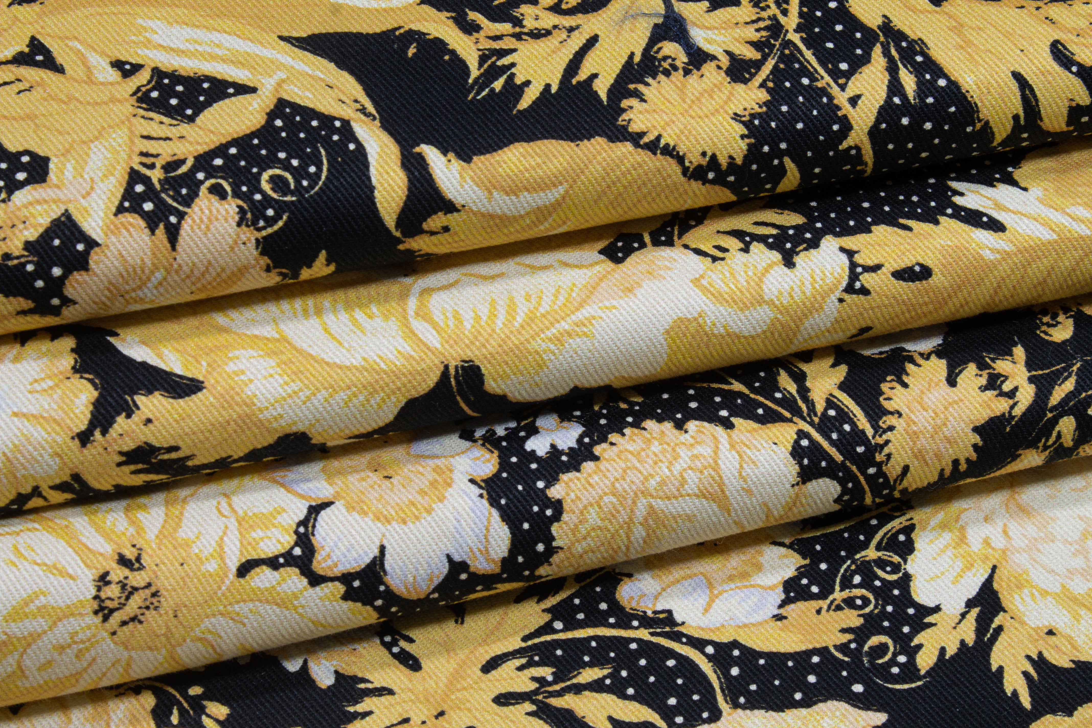 Floral Cotton Denim Twill - Yellow, Black and White