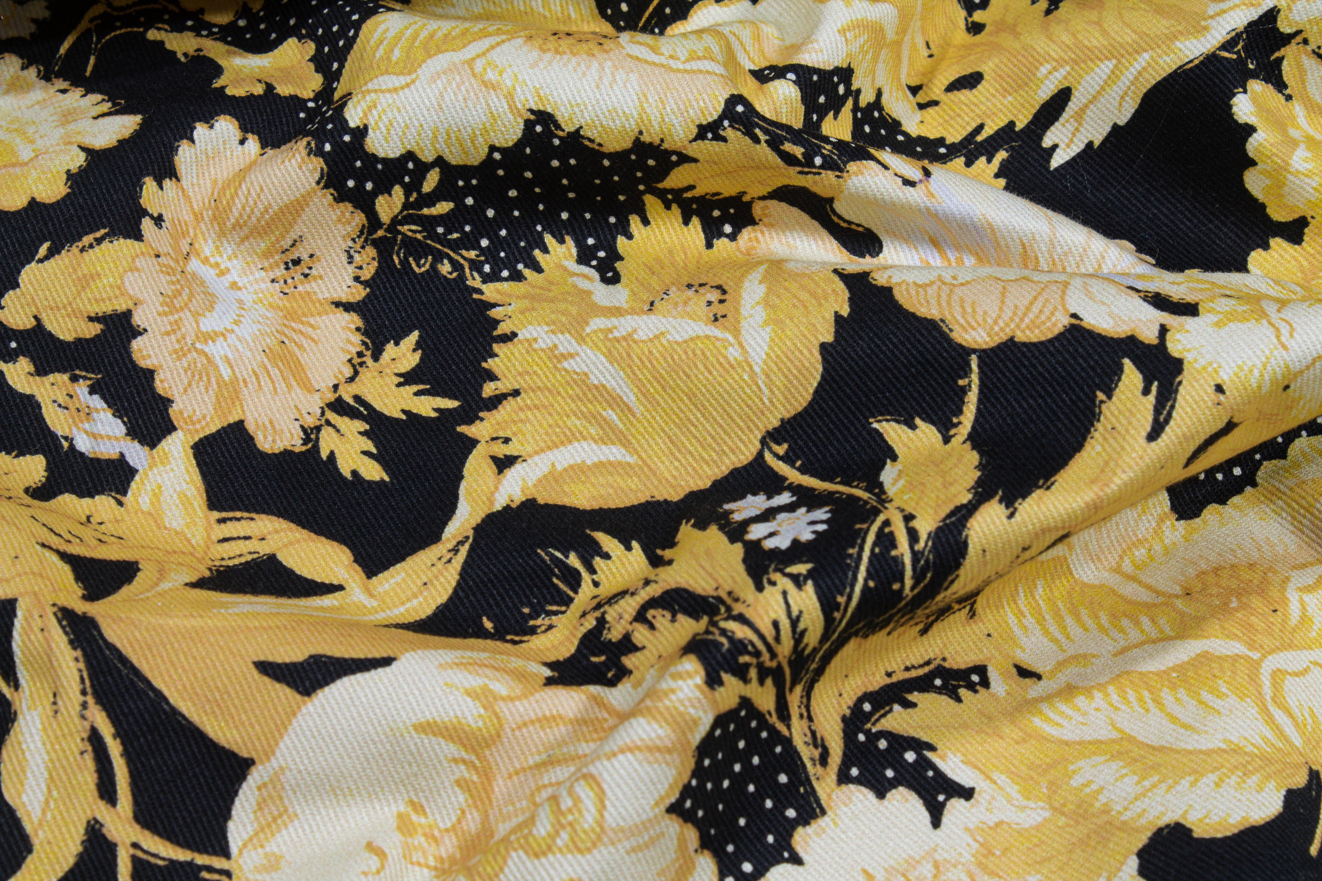 Floral Cotton Denim Twill - Yellow, Black and White