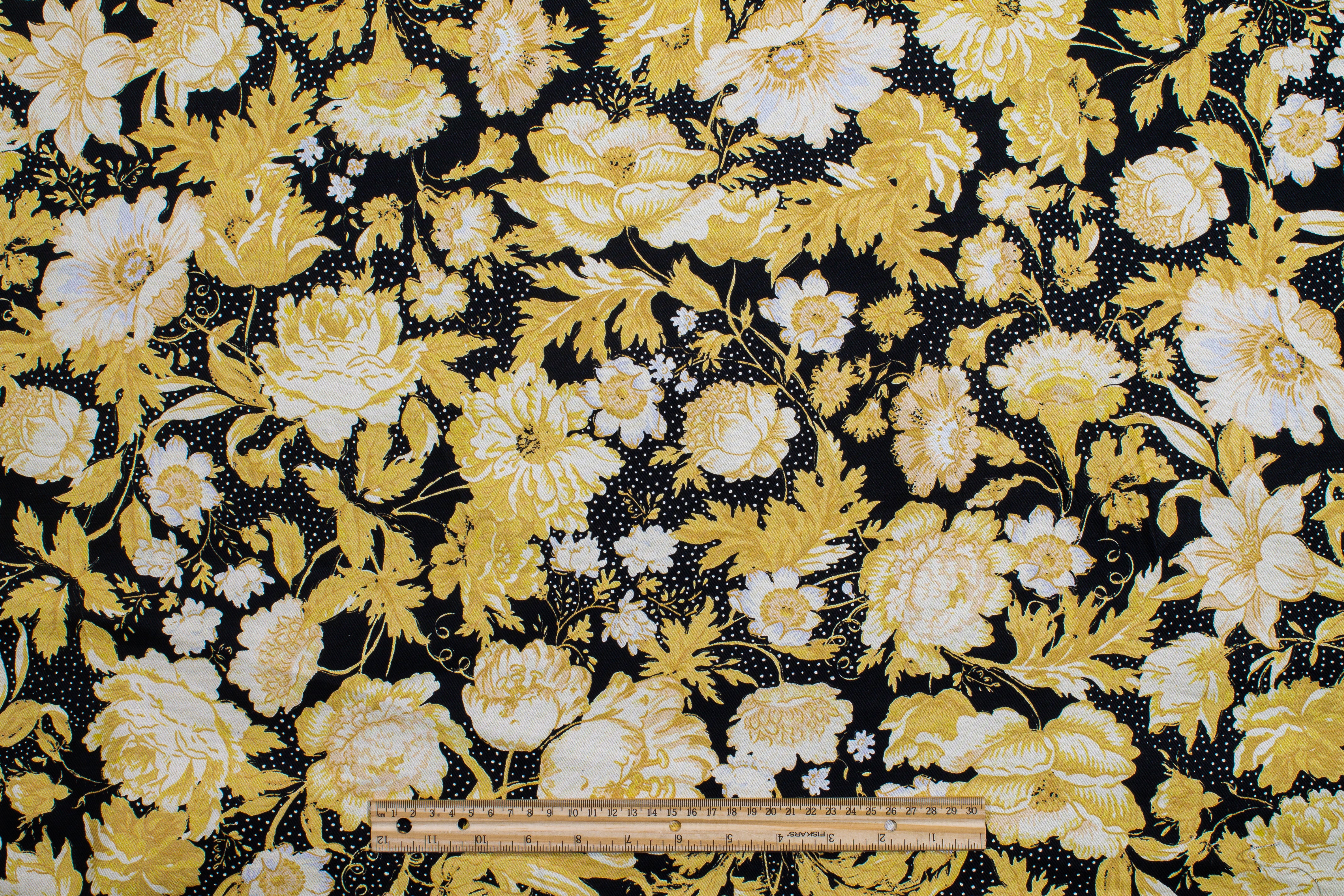 Floral Cotton Denim Twill - Yellow, Black and White