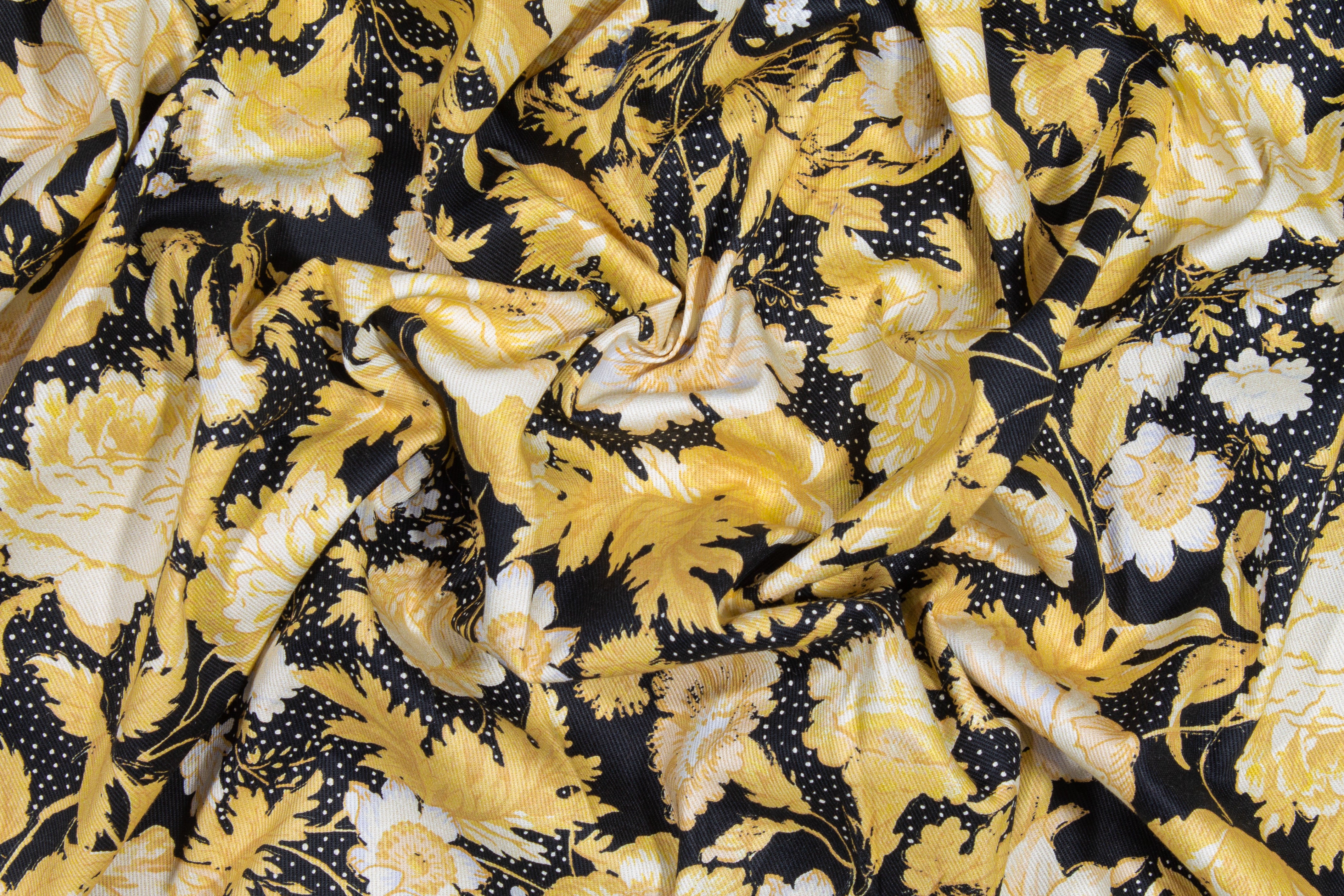 Floral Cotton Denim Twill - Yellow, Black and White