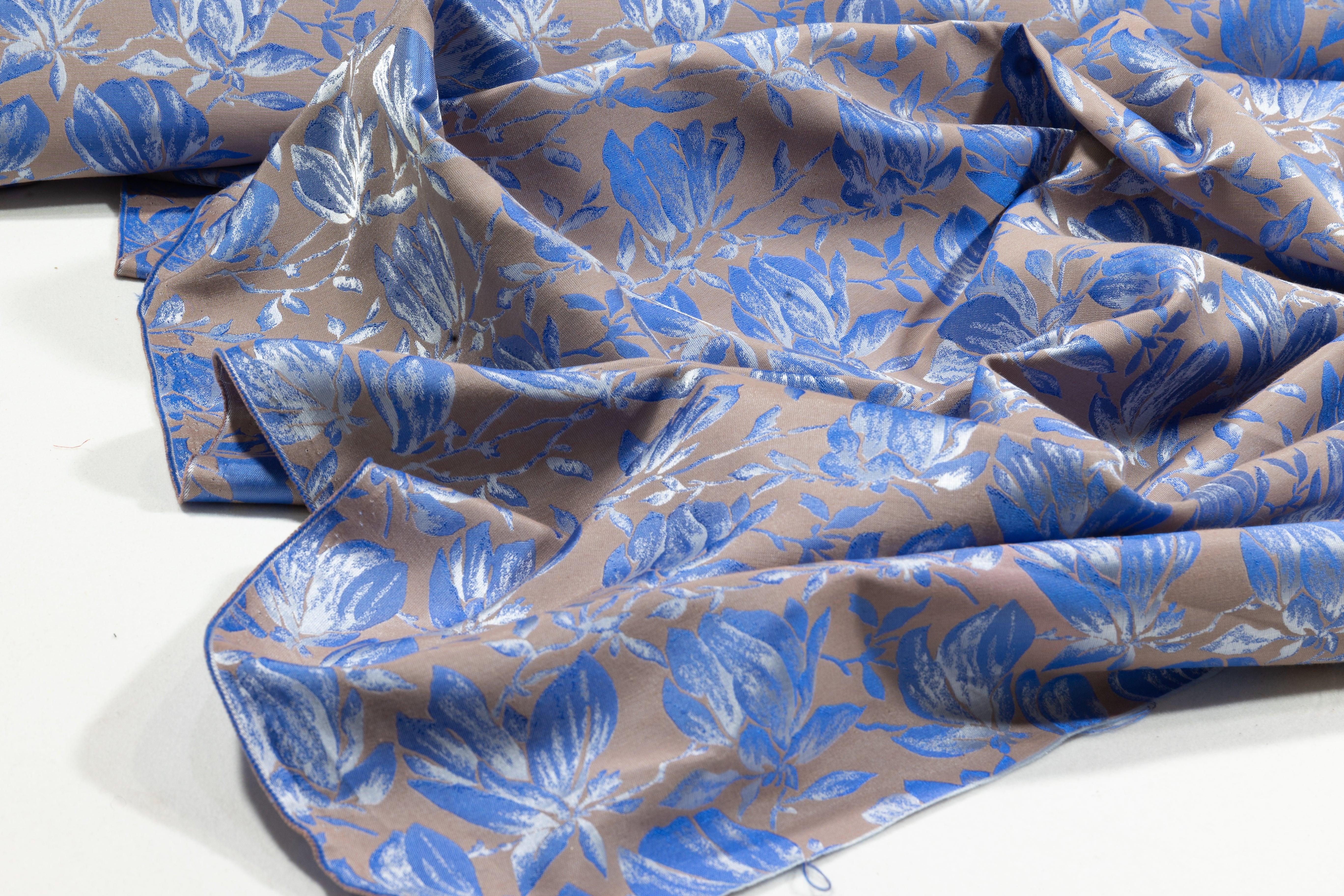 Blue and Taupe Floral Jacquard - Prime Fabrics