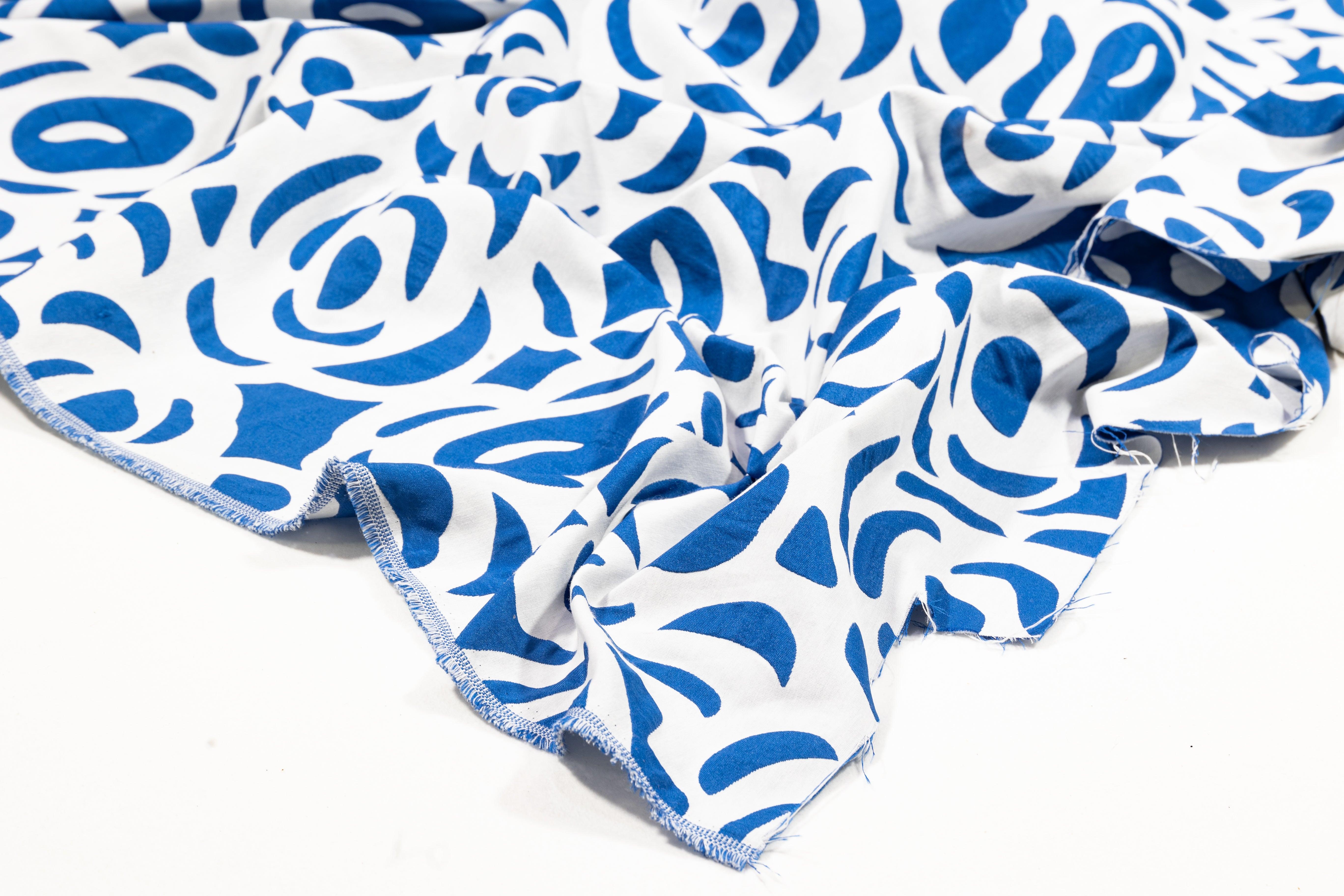 Blue and White Double Faced Cotton Brocade - Prime Fabrics