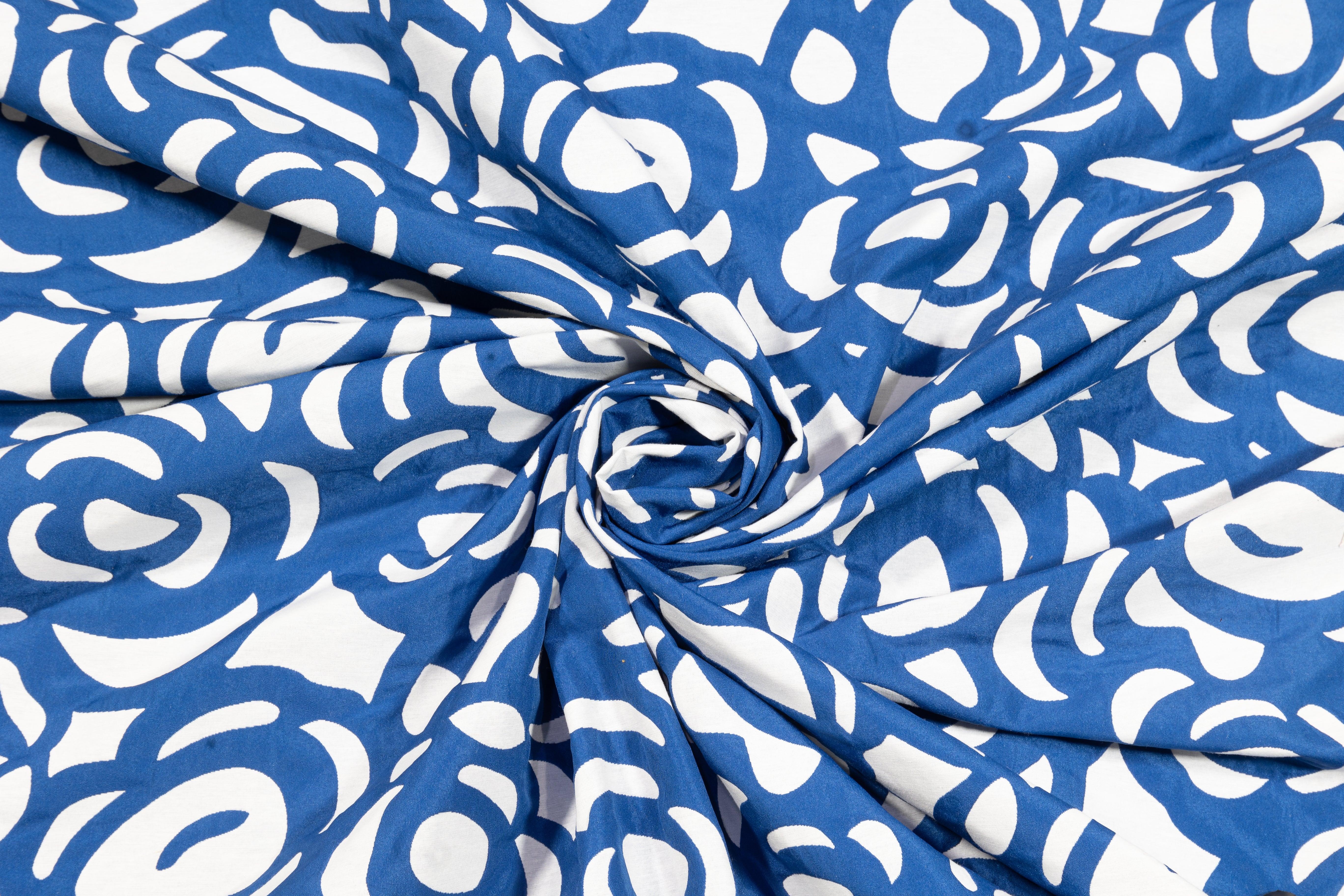 Blue and White Double Faced Cotton Brocade - Prime Fabrics