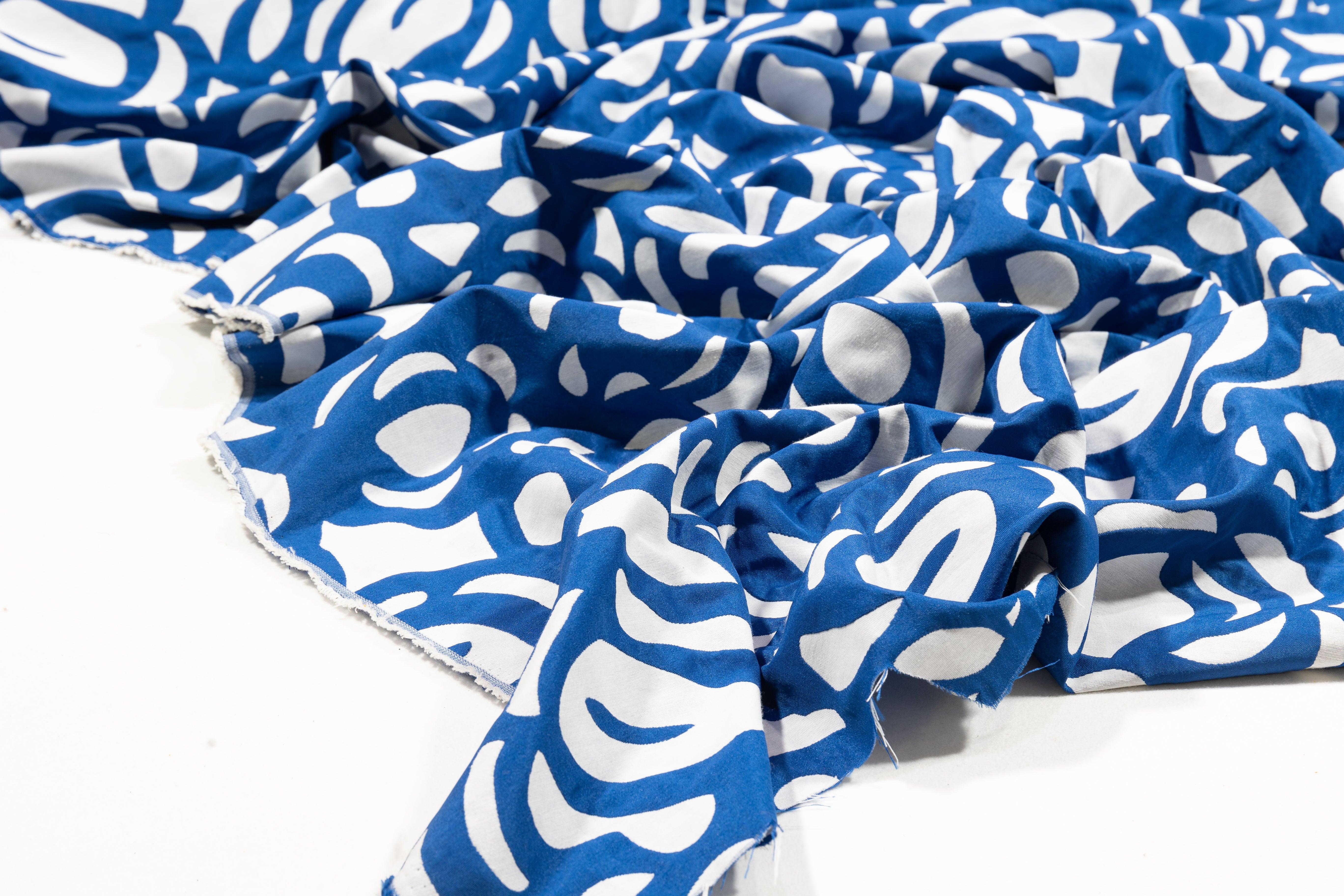 Blue and White Double Faced Cotton Brocade - Prime Fabrics