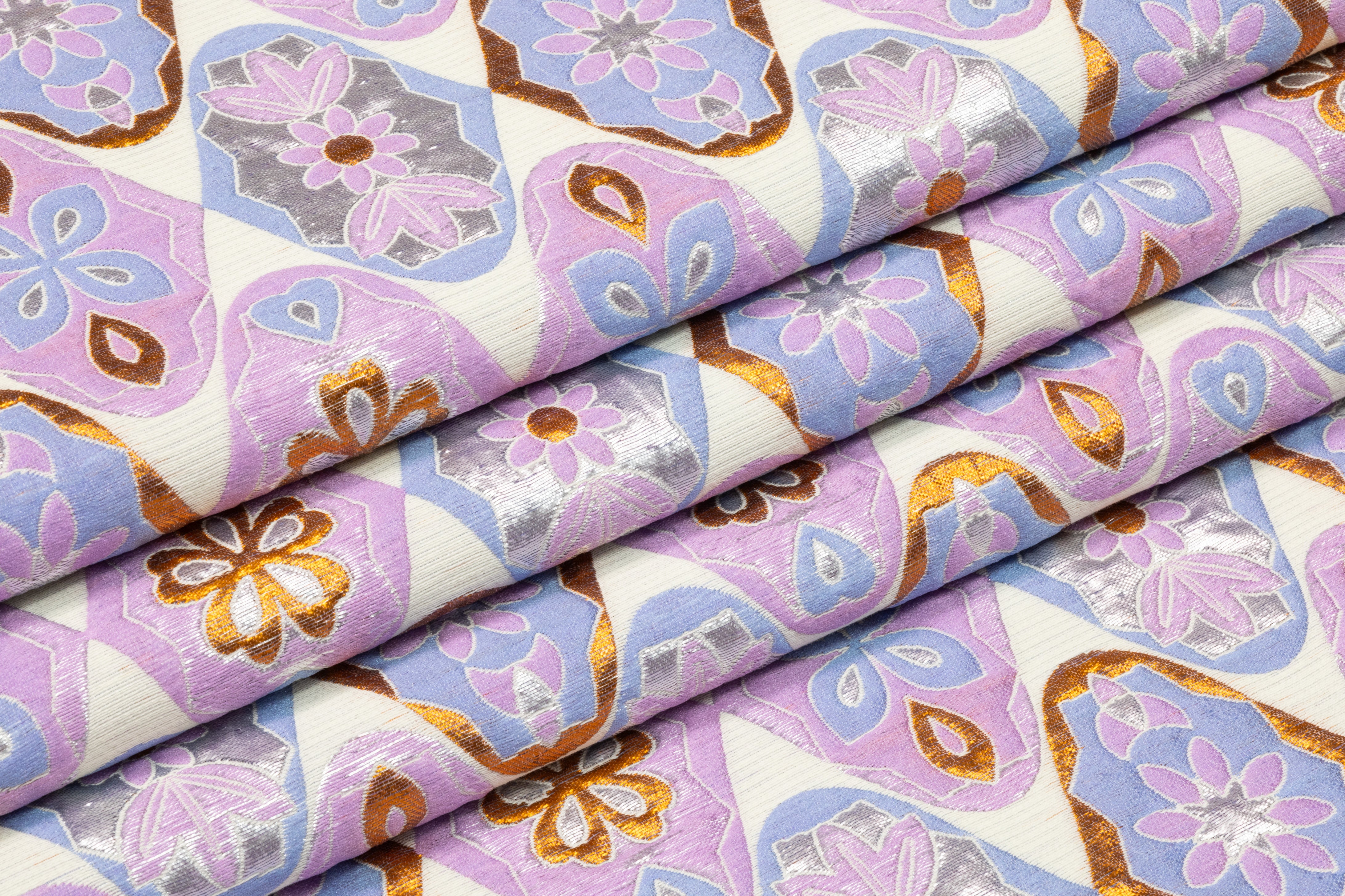 Floral Medallion Silk Blend Brocade - Lavender / Gold / Powder Blue