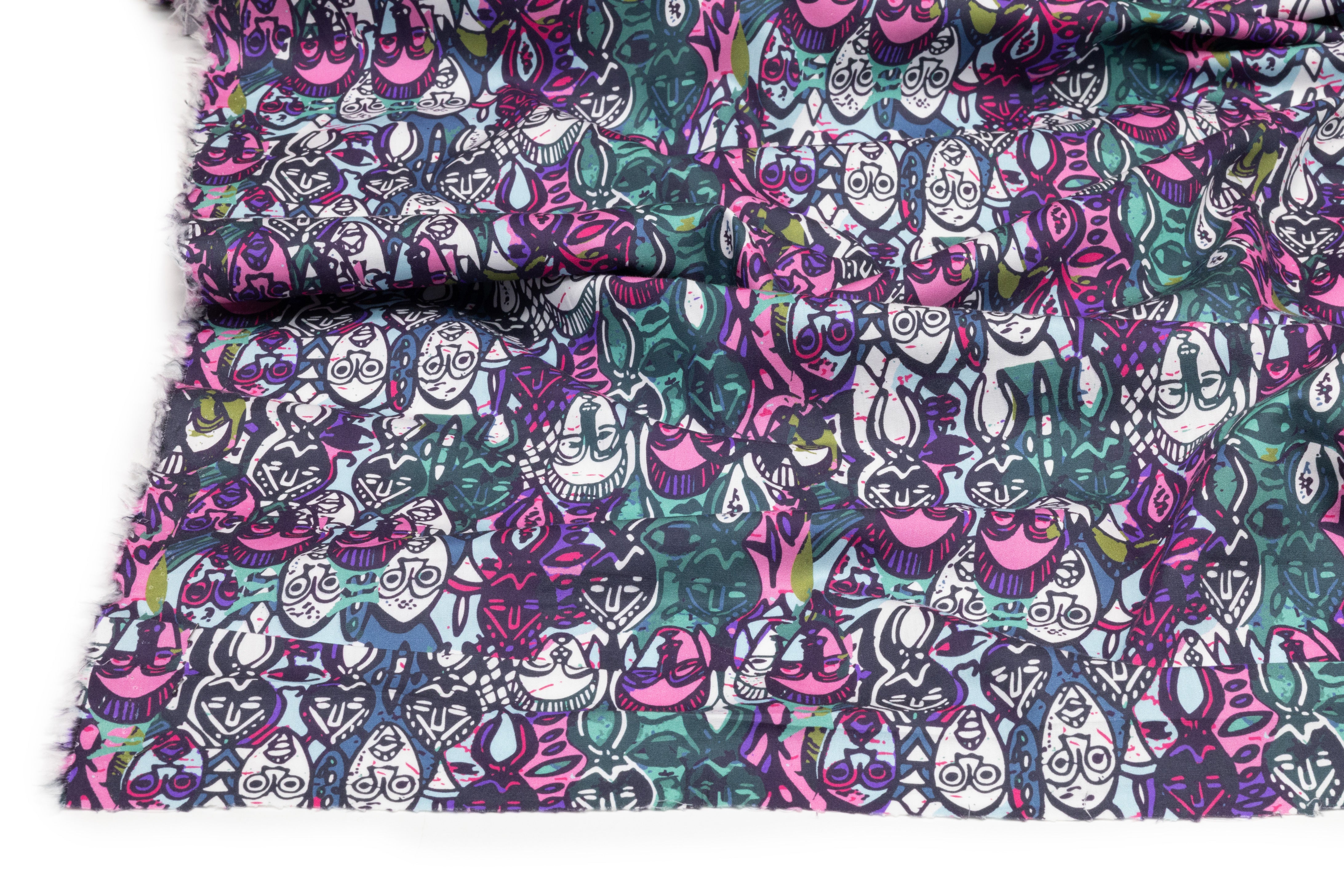 Tribal Mask Italian Cotton - Teal / Pink