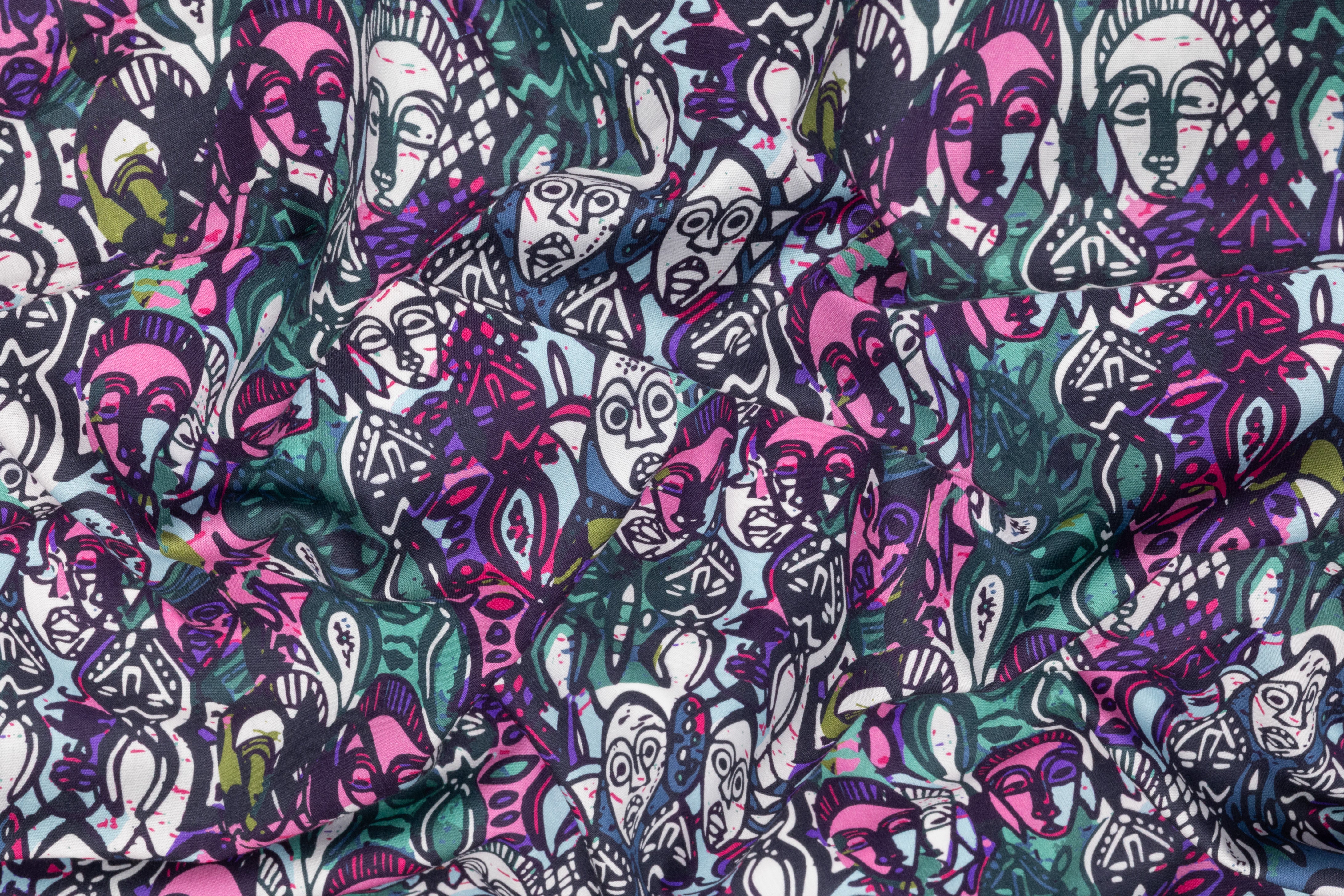 Tribal Mask Italian Cotton - Teal / Pink