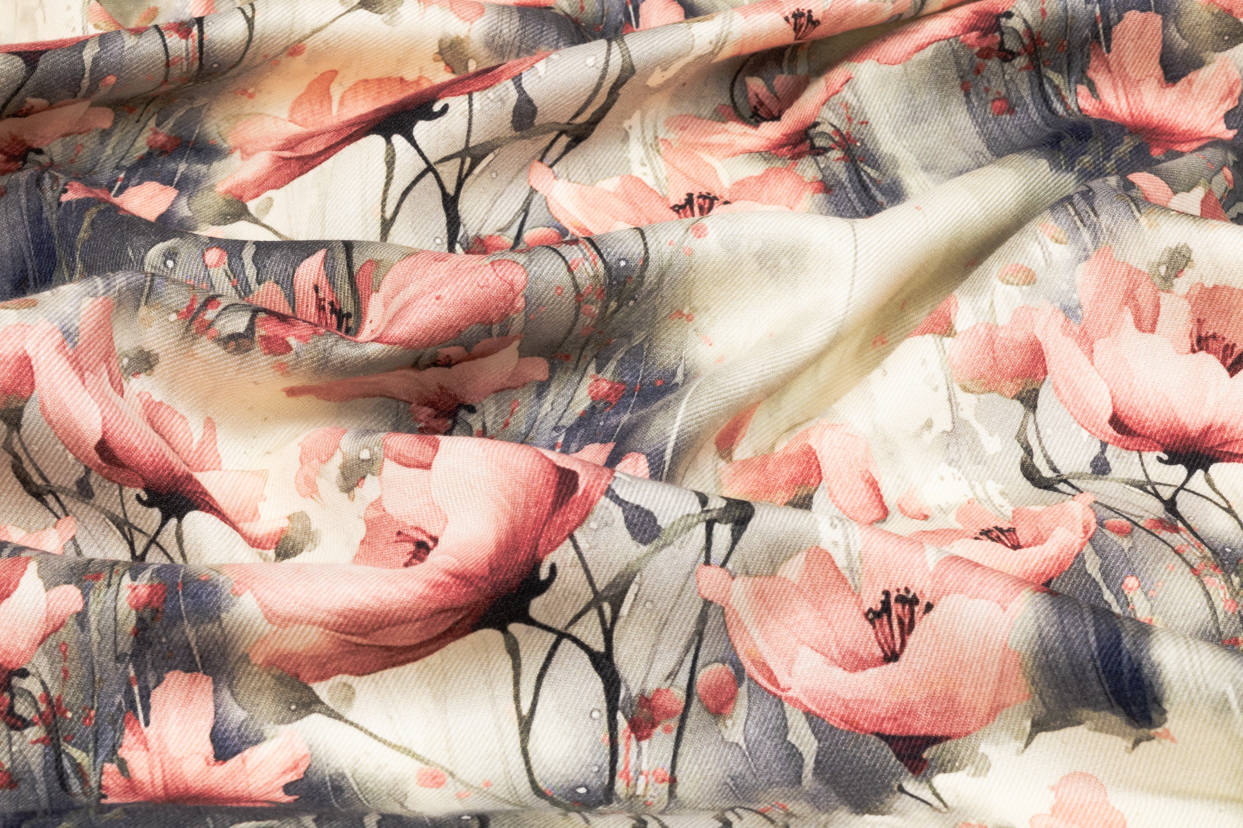 Floral Italian Silk And Wool Twill - Pink / Green / Navy