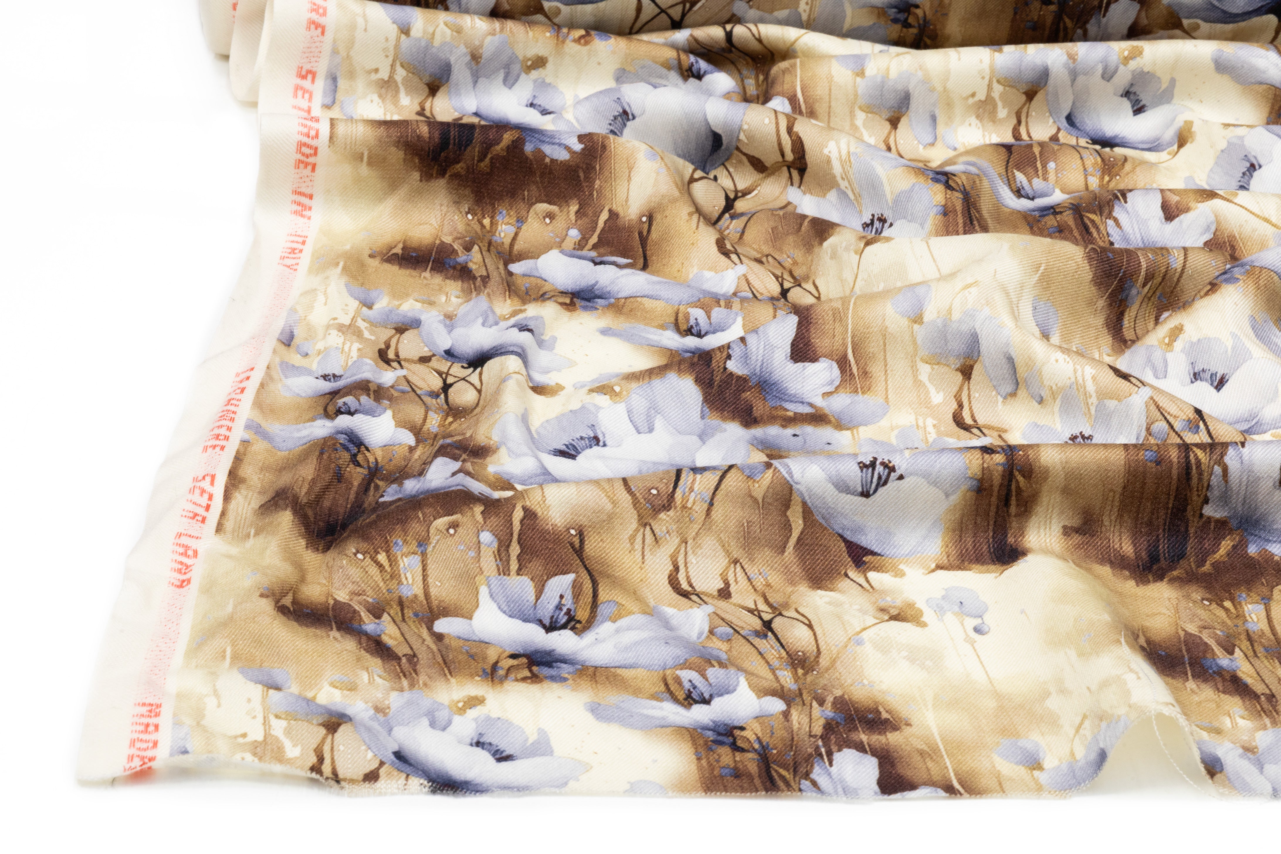 Floral Italian Silk And Wool Twill - Brown / Blue / Ivory