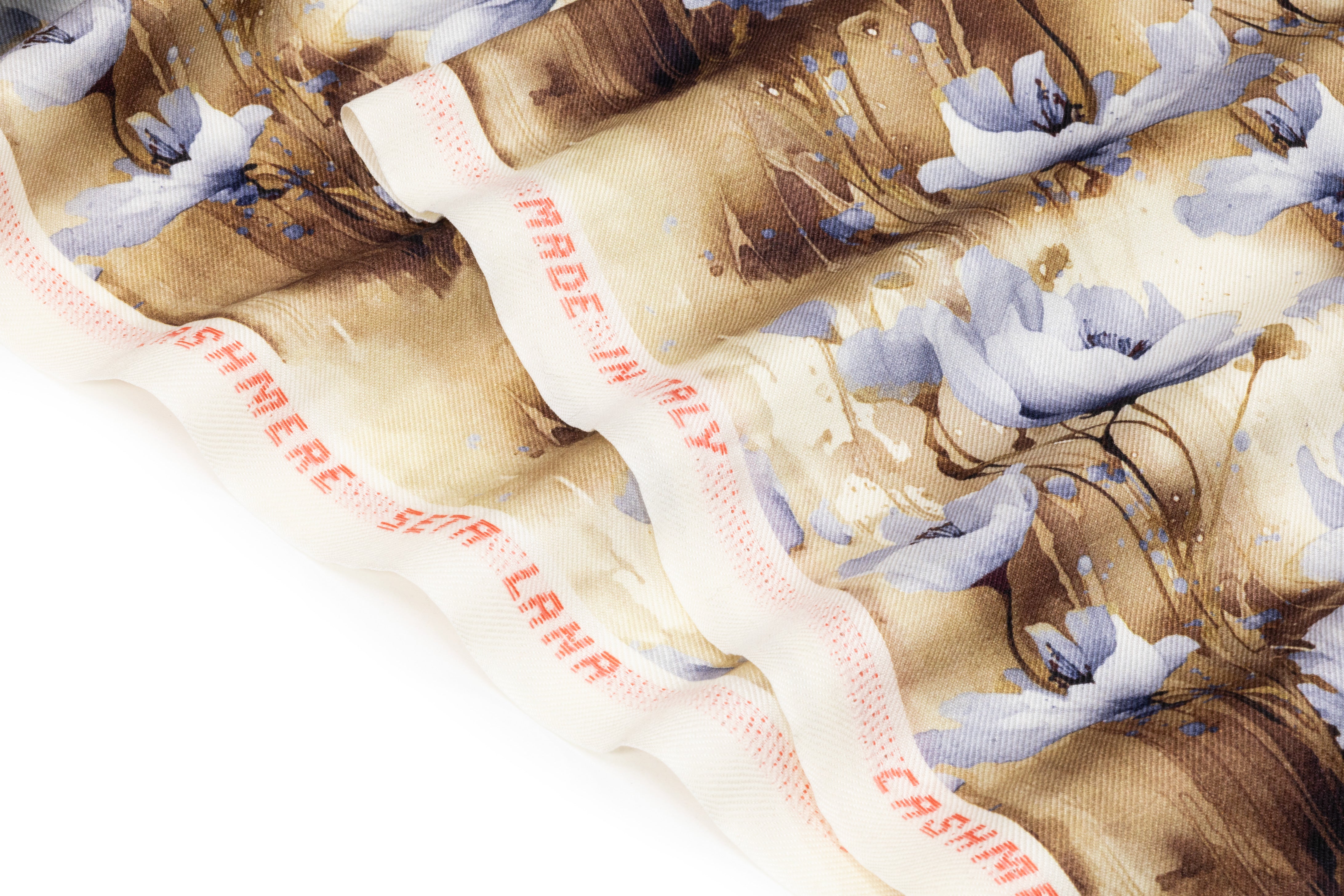 Floral Italian Silk And Wool Twill - Brown / Blue / Ivory