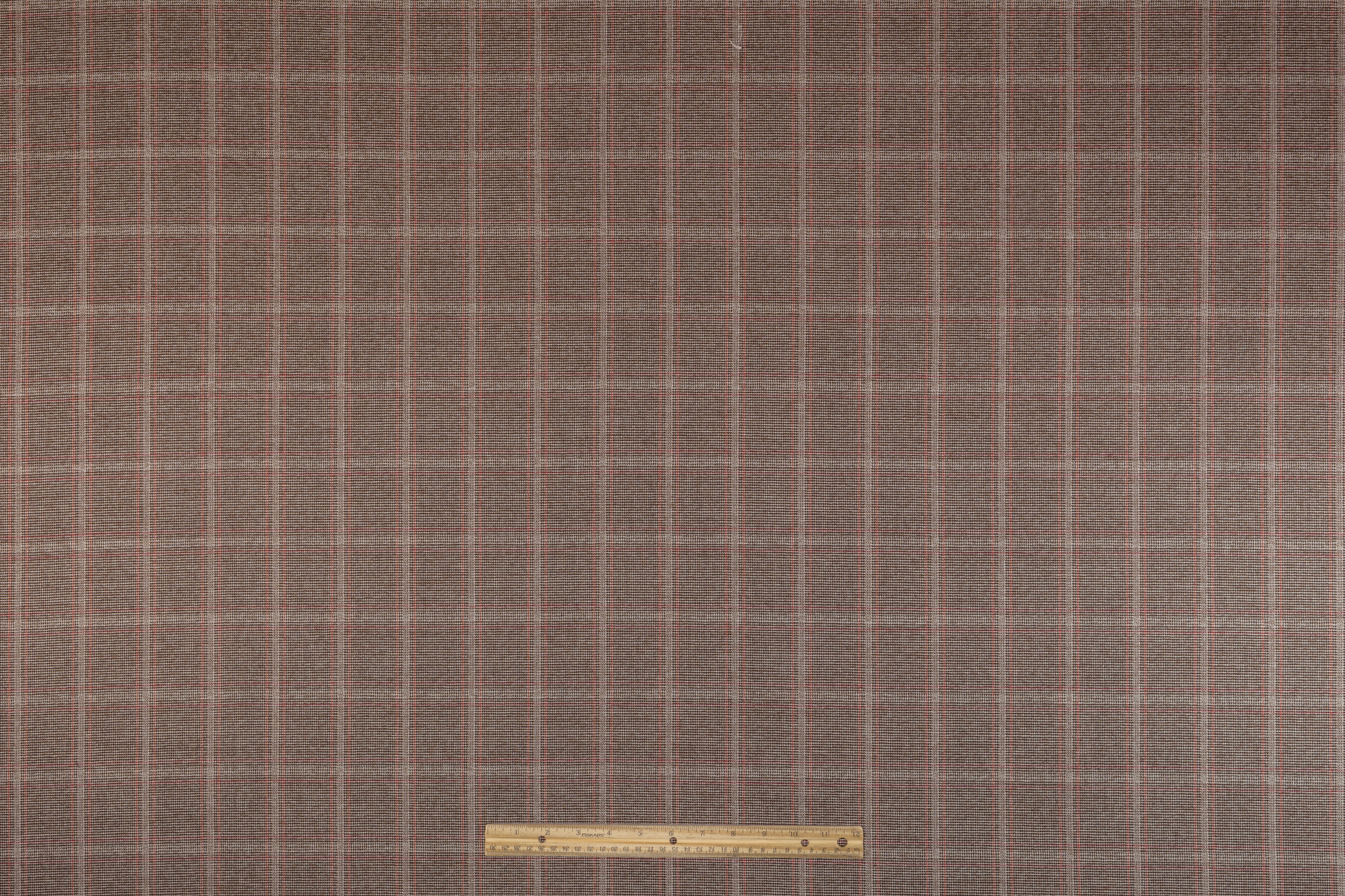 Checked Italian Wool Suiting - Taupe Brown / Red