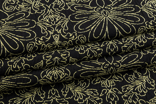 Floral Poly Cotton Crushed Brocade - Black / Yellow