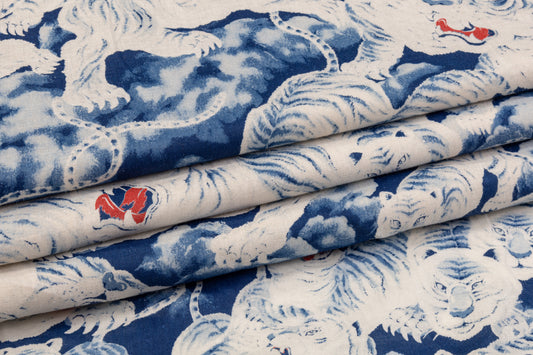 Tiger Printed Linen - Blue / White