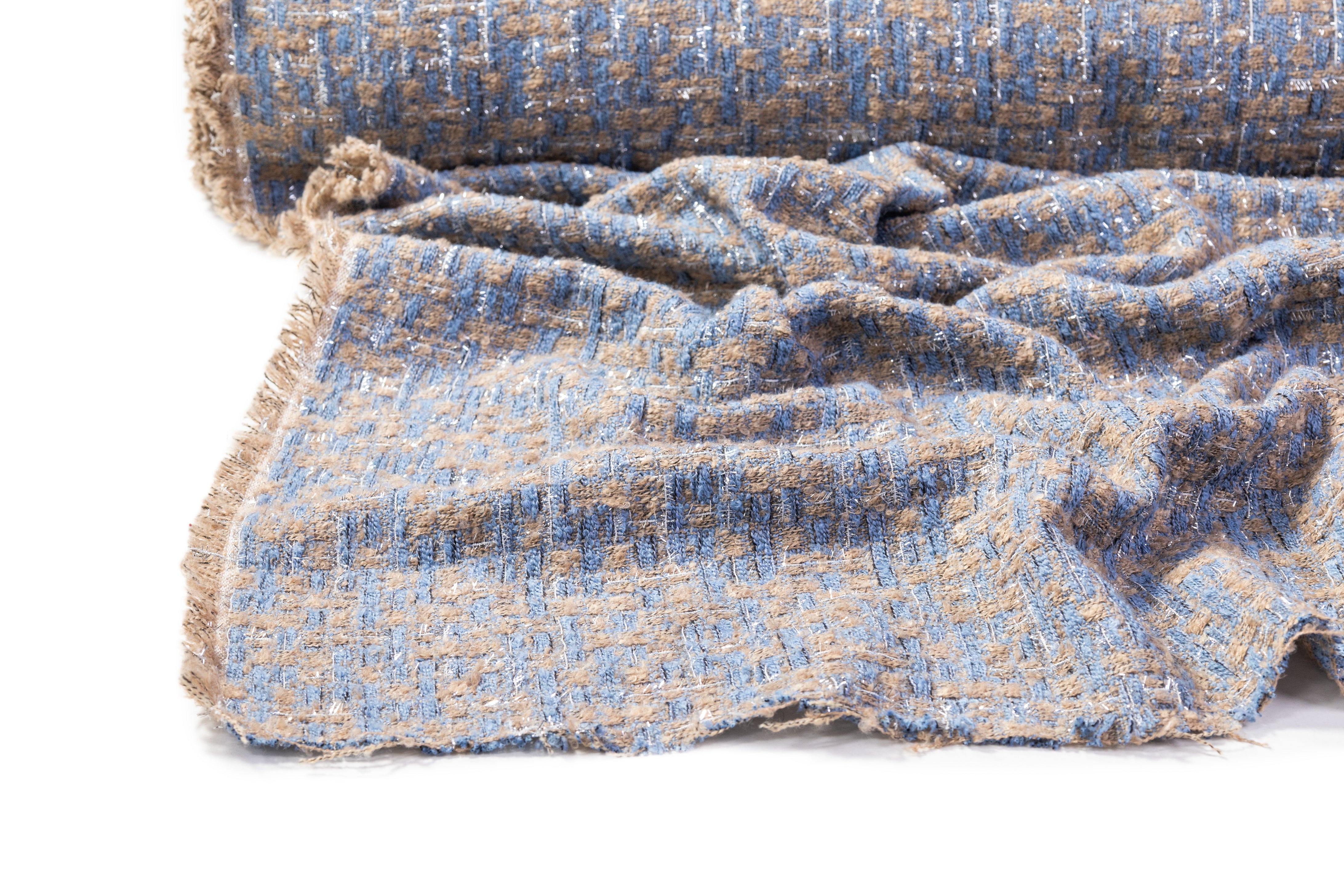 Metallic Italian Cotton Blend Tweed - Beige / Blue / Silver