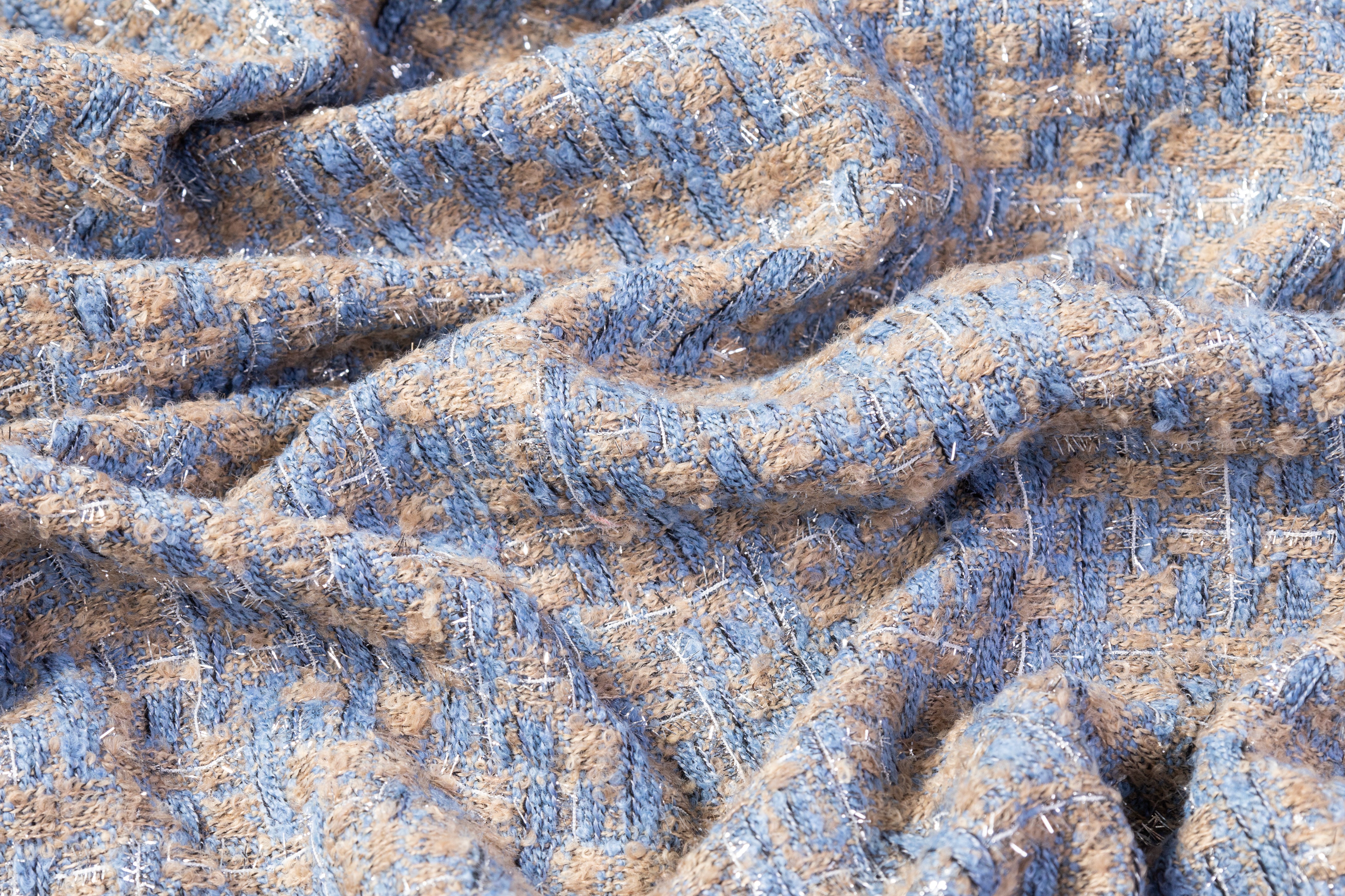 Metallic Italian Cotton Blend Tweed - Beige / Blue / Silver