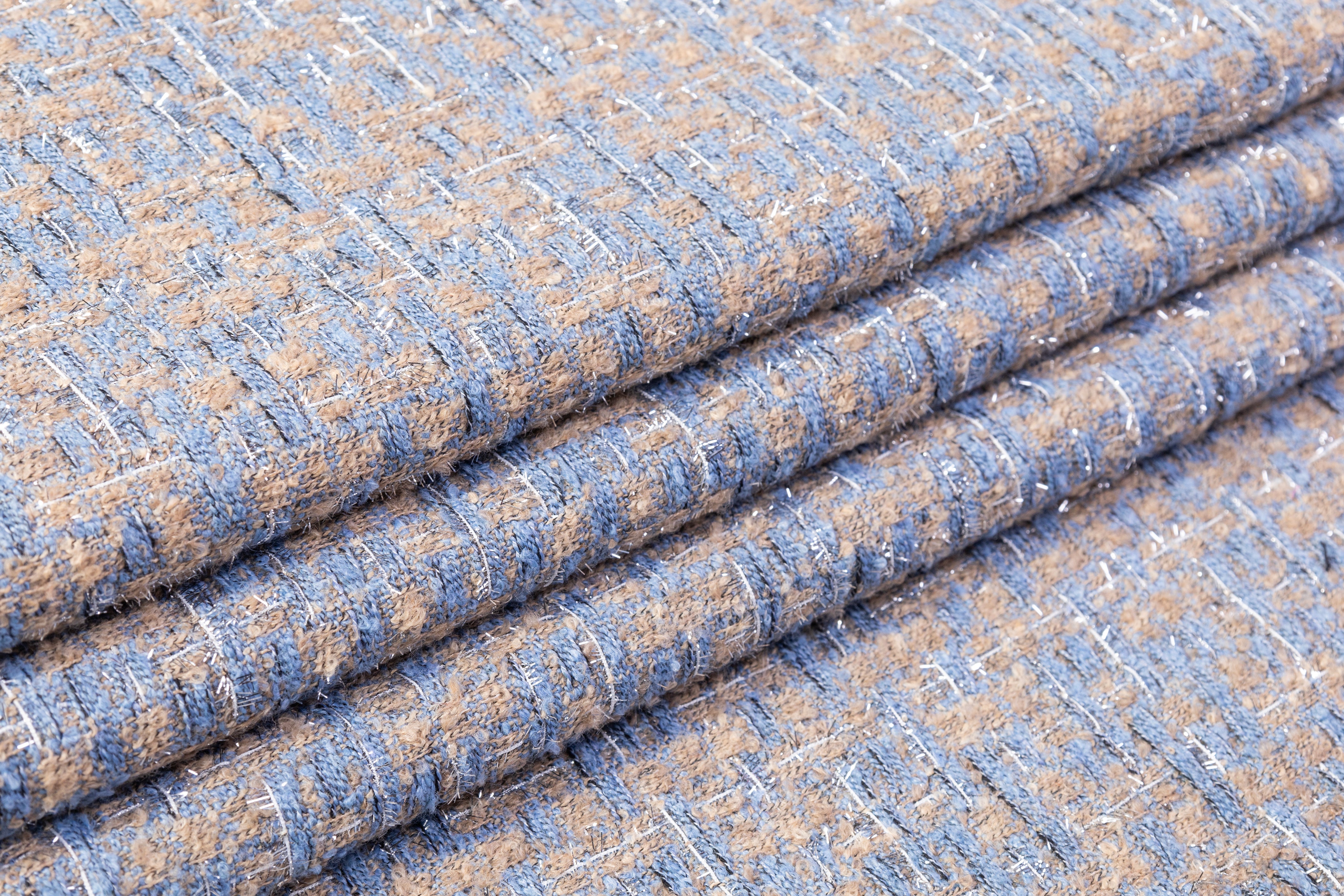 Metallic Italian Cotton Blend Tweed - Beige / Blue / Silver