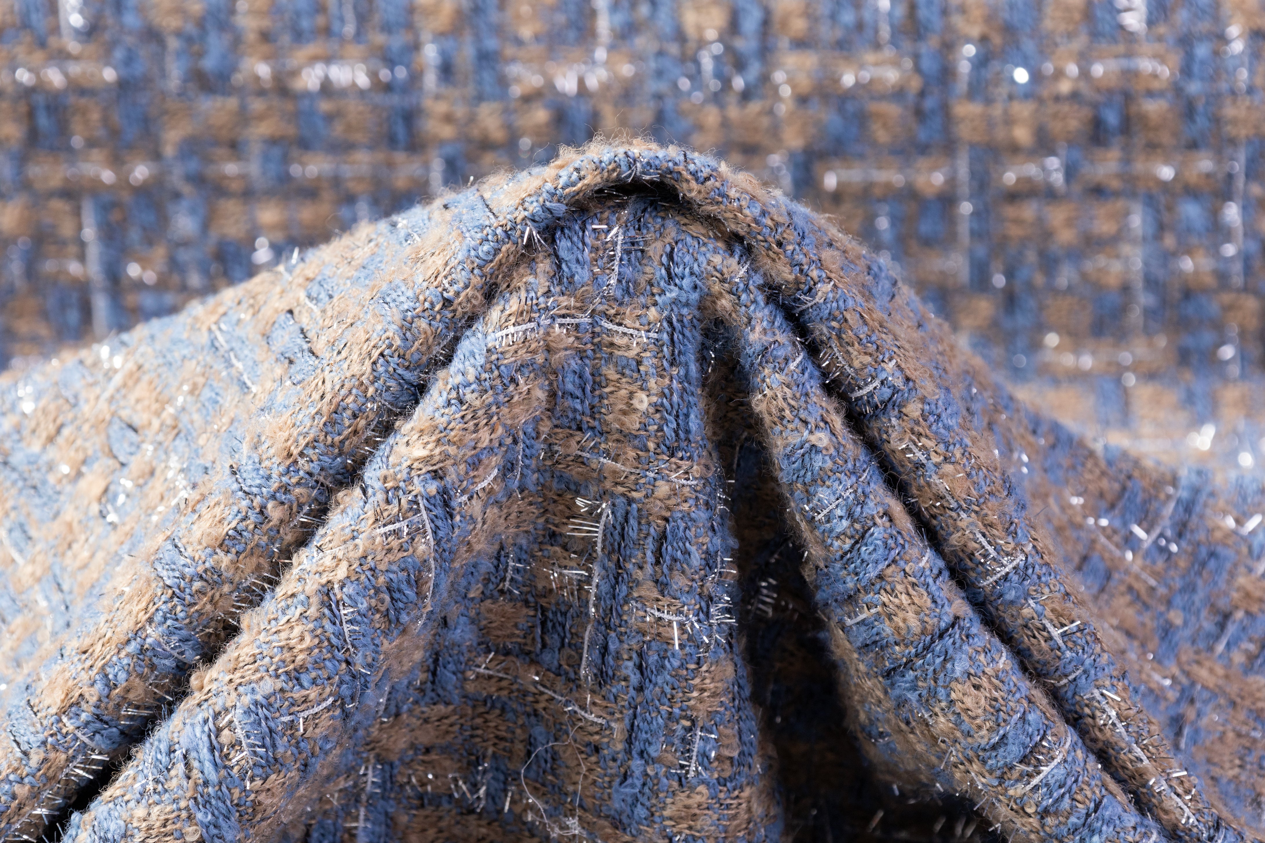 Metallic Italian Cotton Blend Tweed - Beige / Blue / Silver