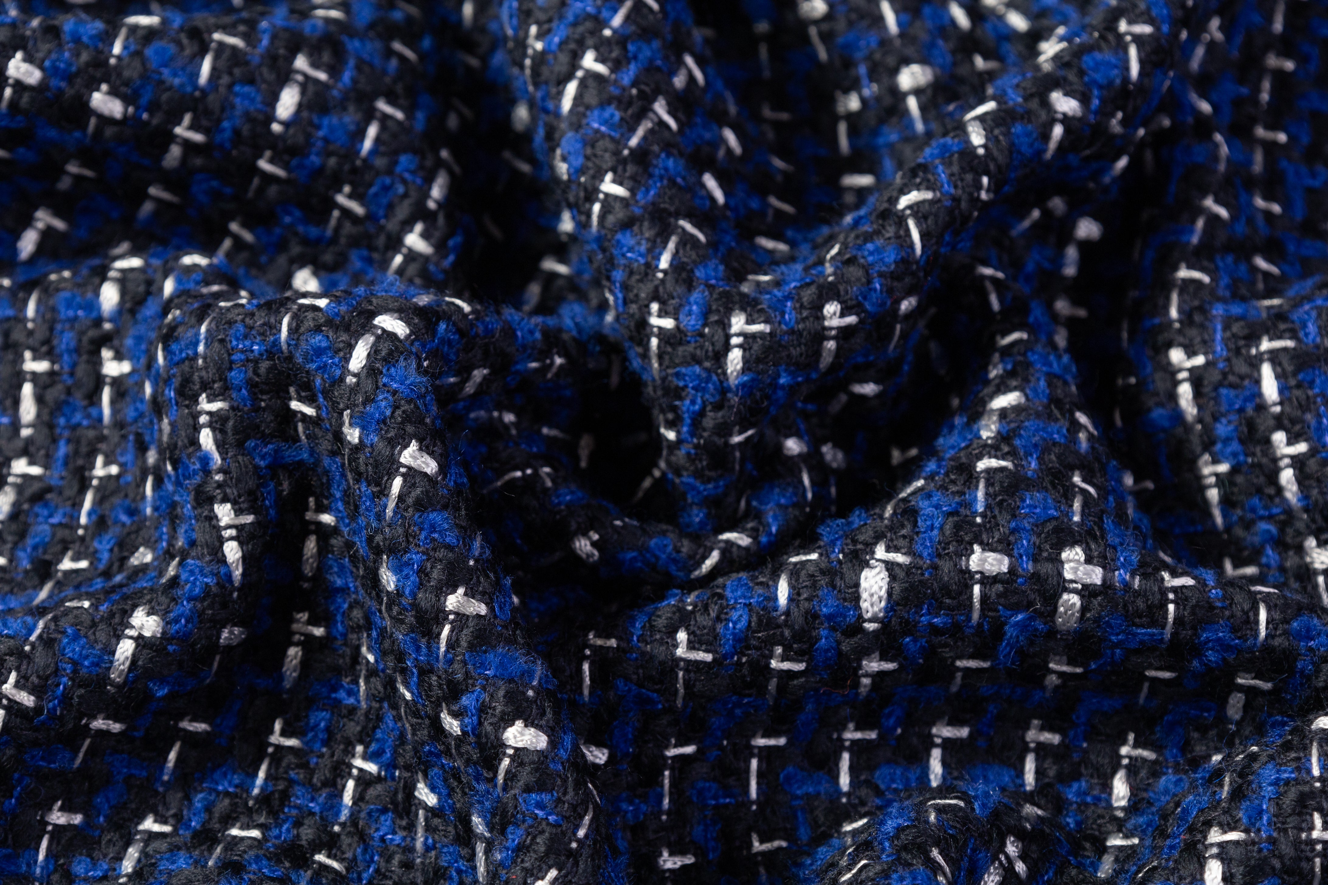 Italian Wool Blend Tweed Coating - Blue / Black / White
