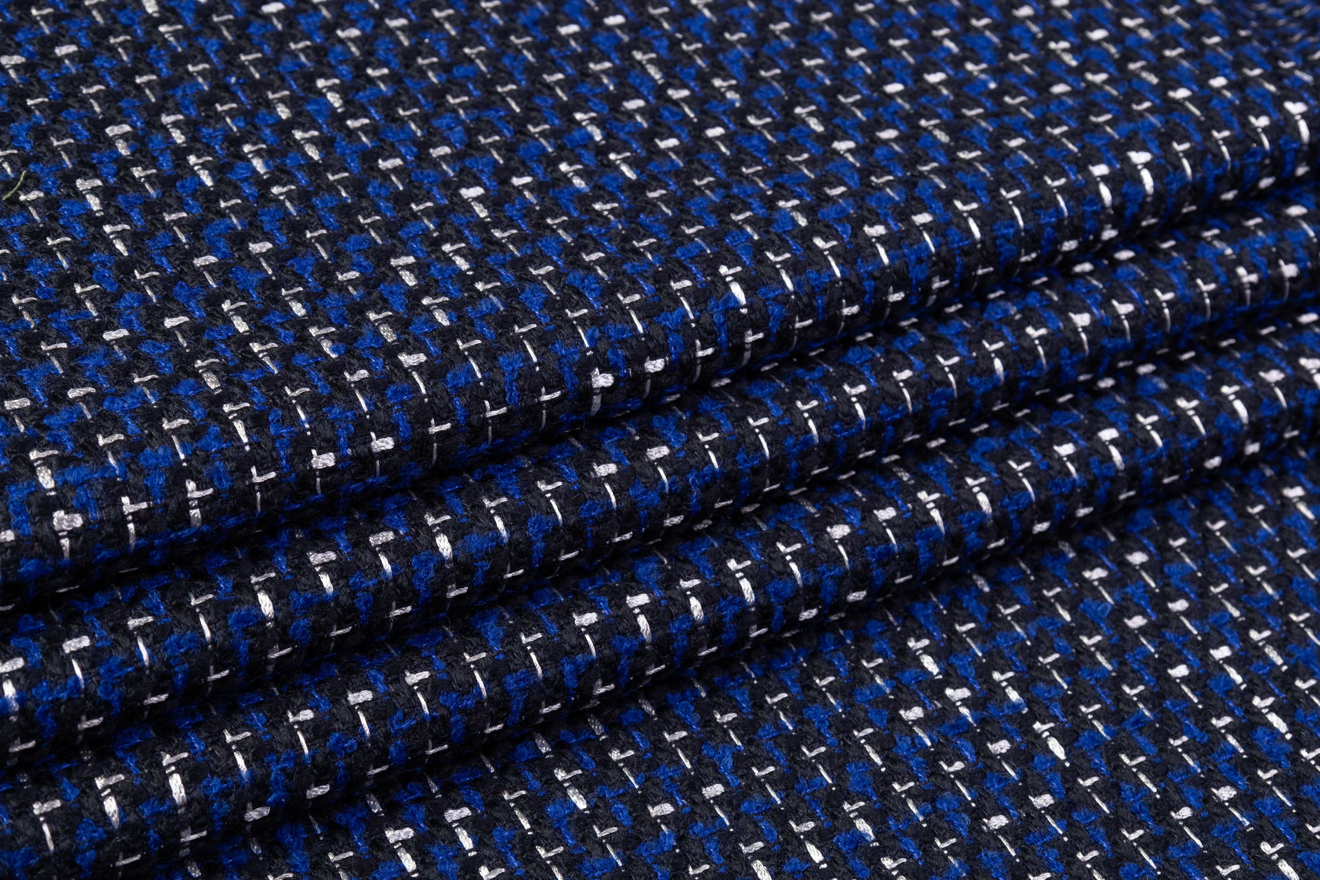 Italian Wool Blend Tweed Coating - Blue / Black / White