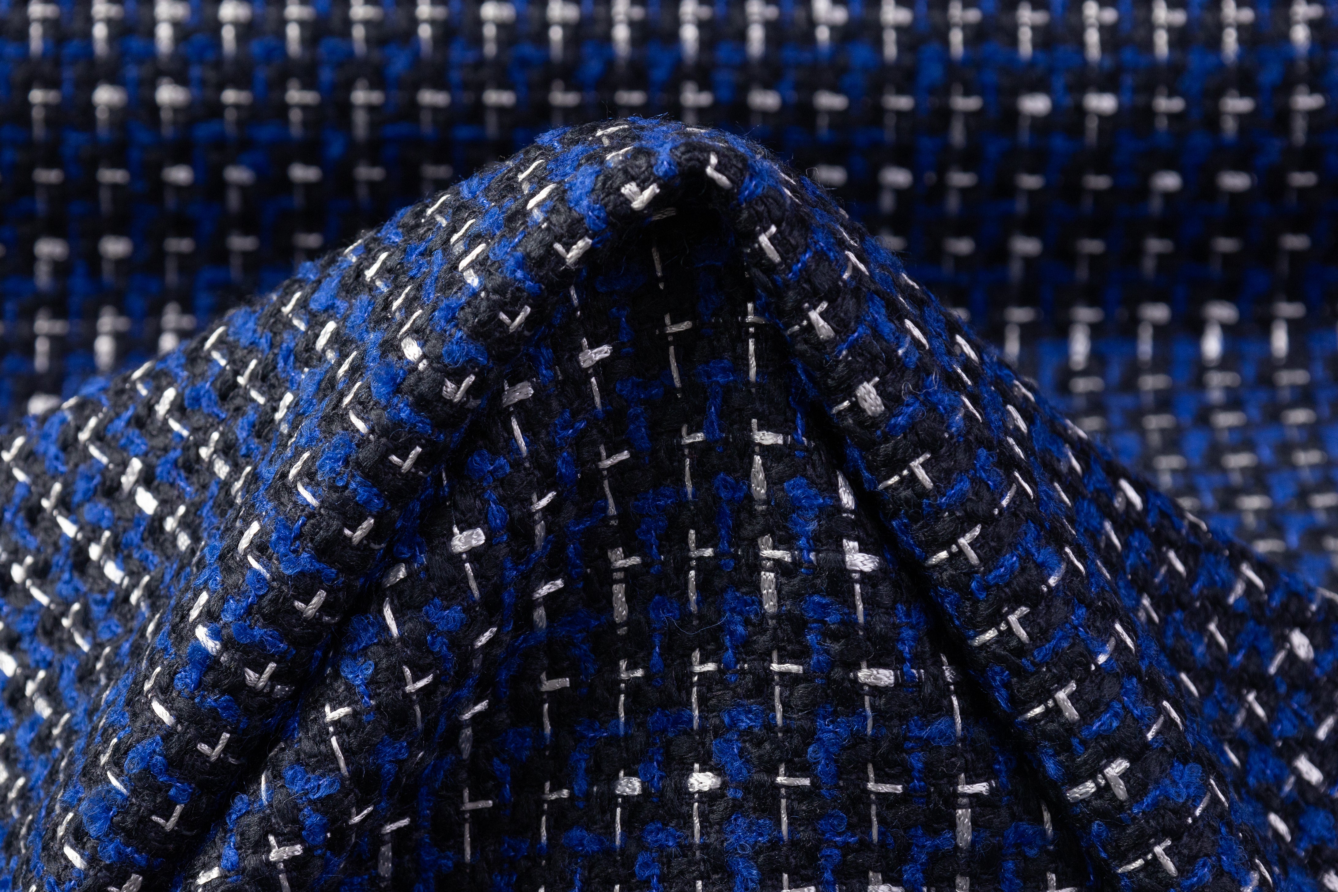 Italian Wool Blend Tweed Coating - Blue / Black / White