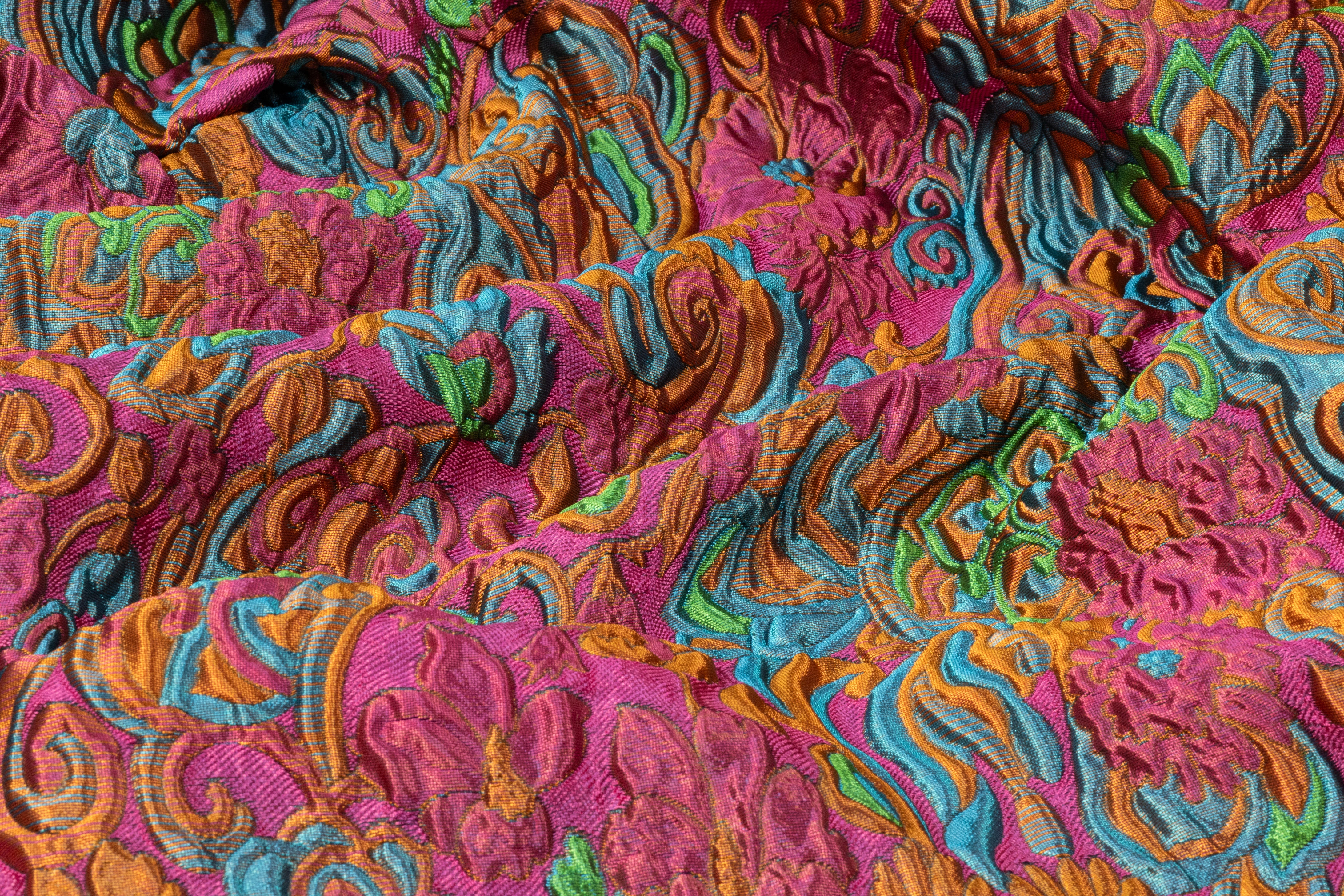 Antique Floral Scroll Italian Brocade - Magenta / Blue / Green / Rust