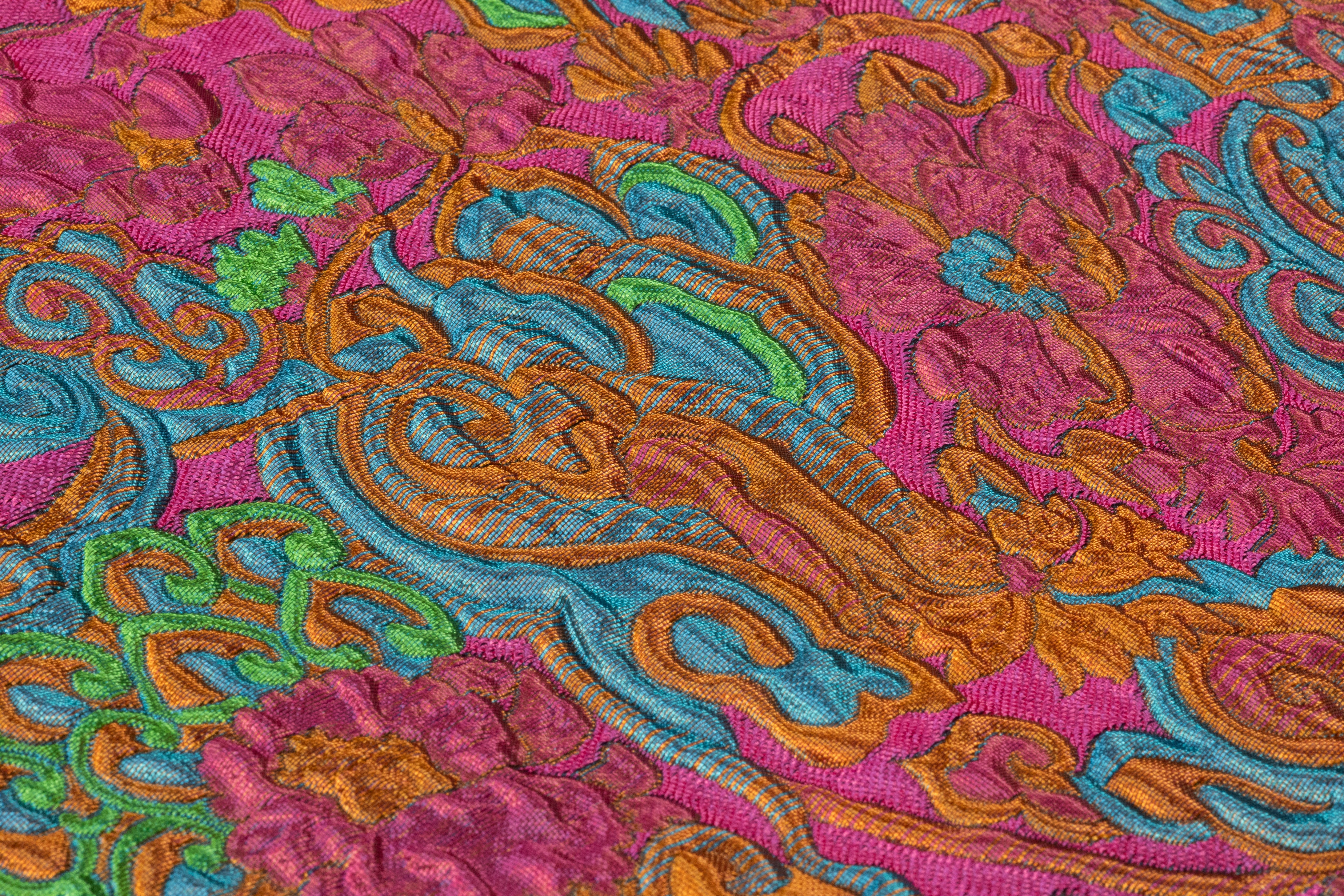Antique Floral Scroll Italian Brocade - Magenta / Blue / Green / Rust
