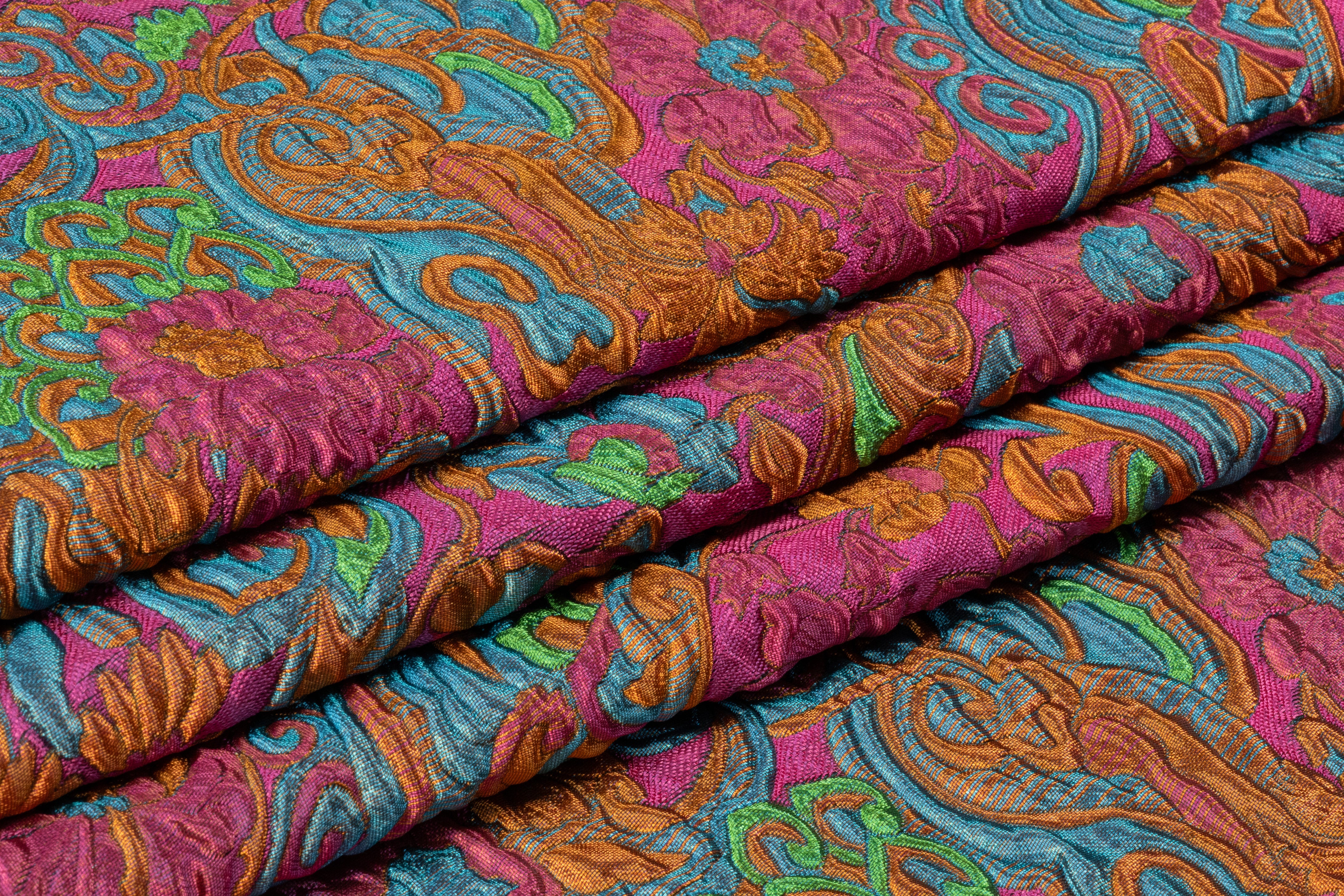 Antique Floral Scroll Italian Brocade - Magenta / Blue / Green / Rust