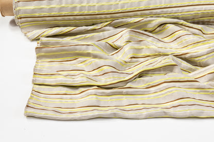 Crushed Poly Cotton Striped Brocade - Gray / Yellow / Brown