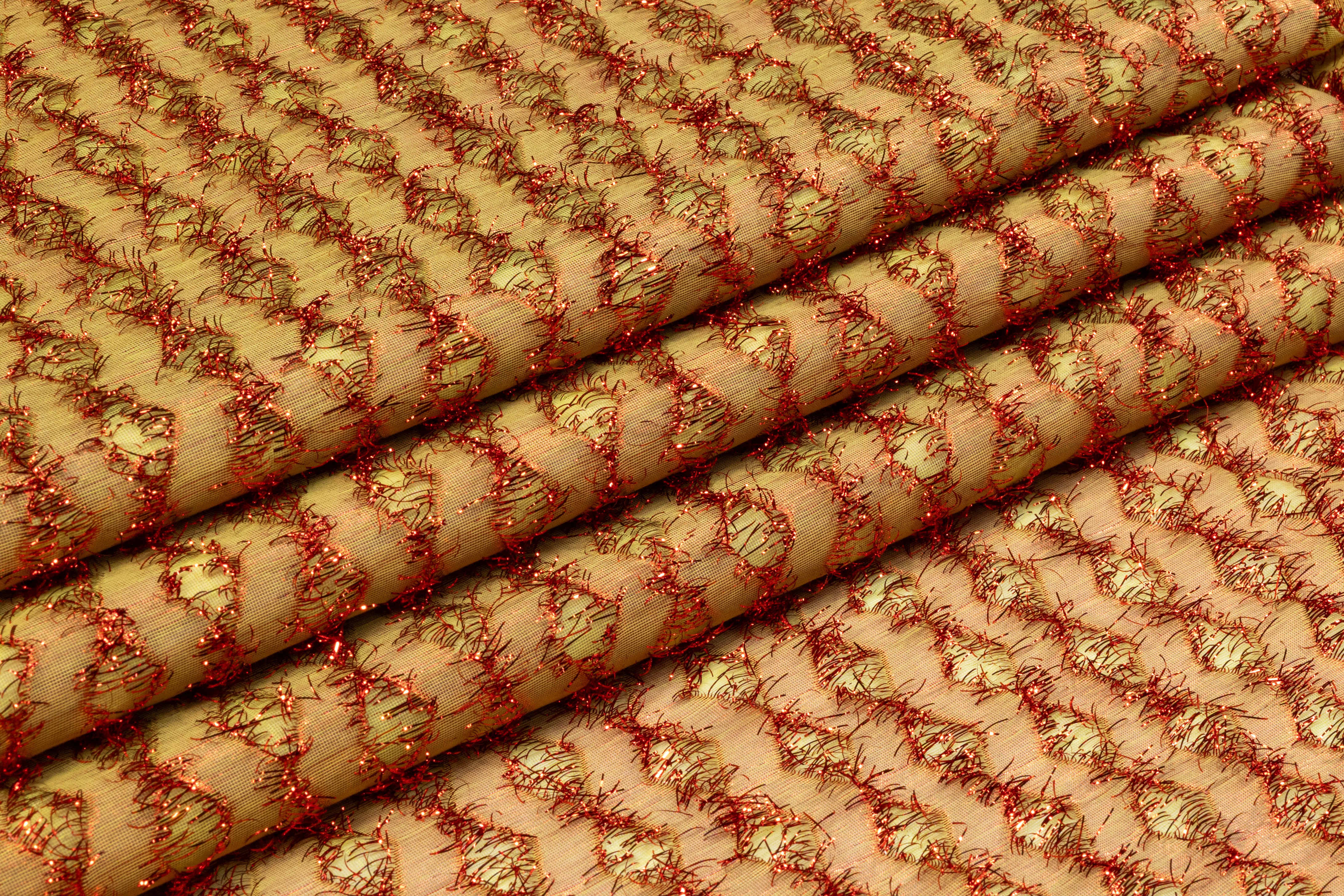 Metallic Fringed Italian Organza Brocade - Red / Gold