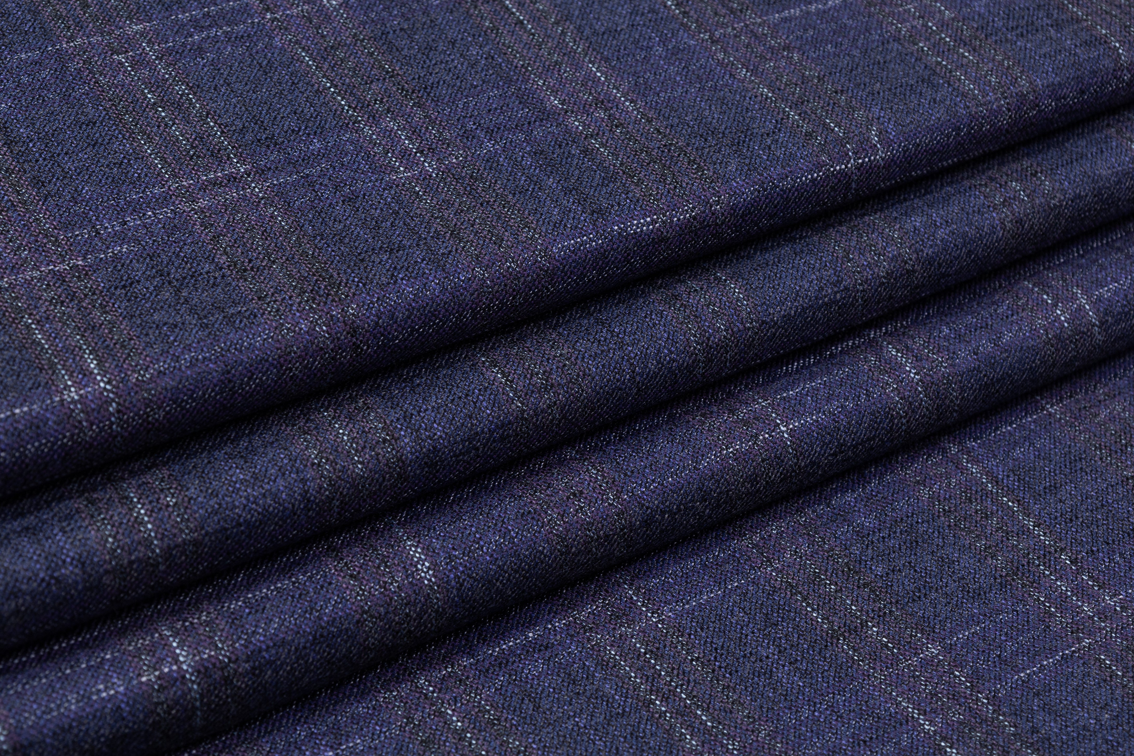 Checked Italian Wool Flannel Suiting - Navy / Purple
