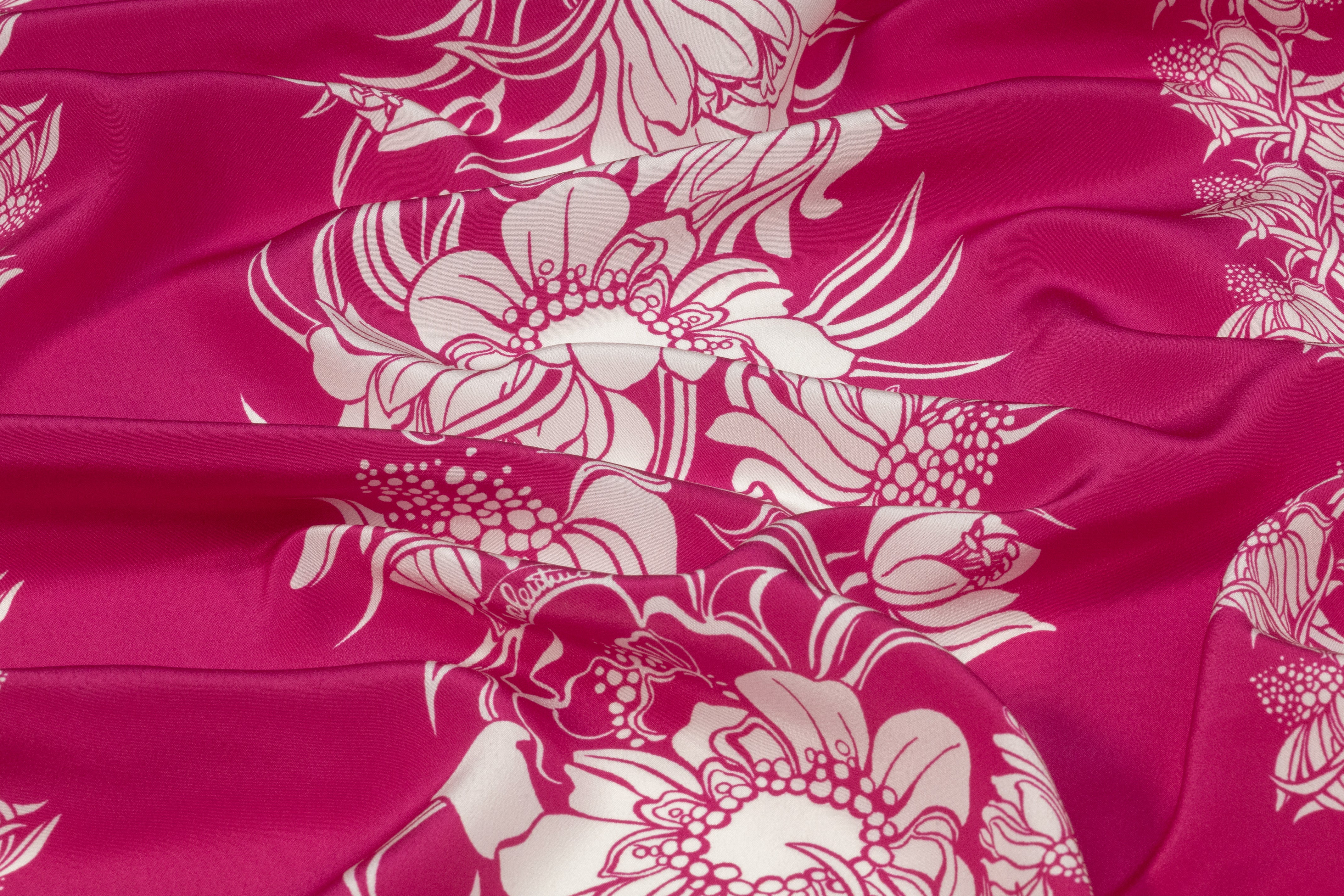 Floral Striped Italian Silk Crepe de Chine - Magenta / White