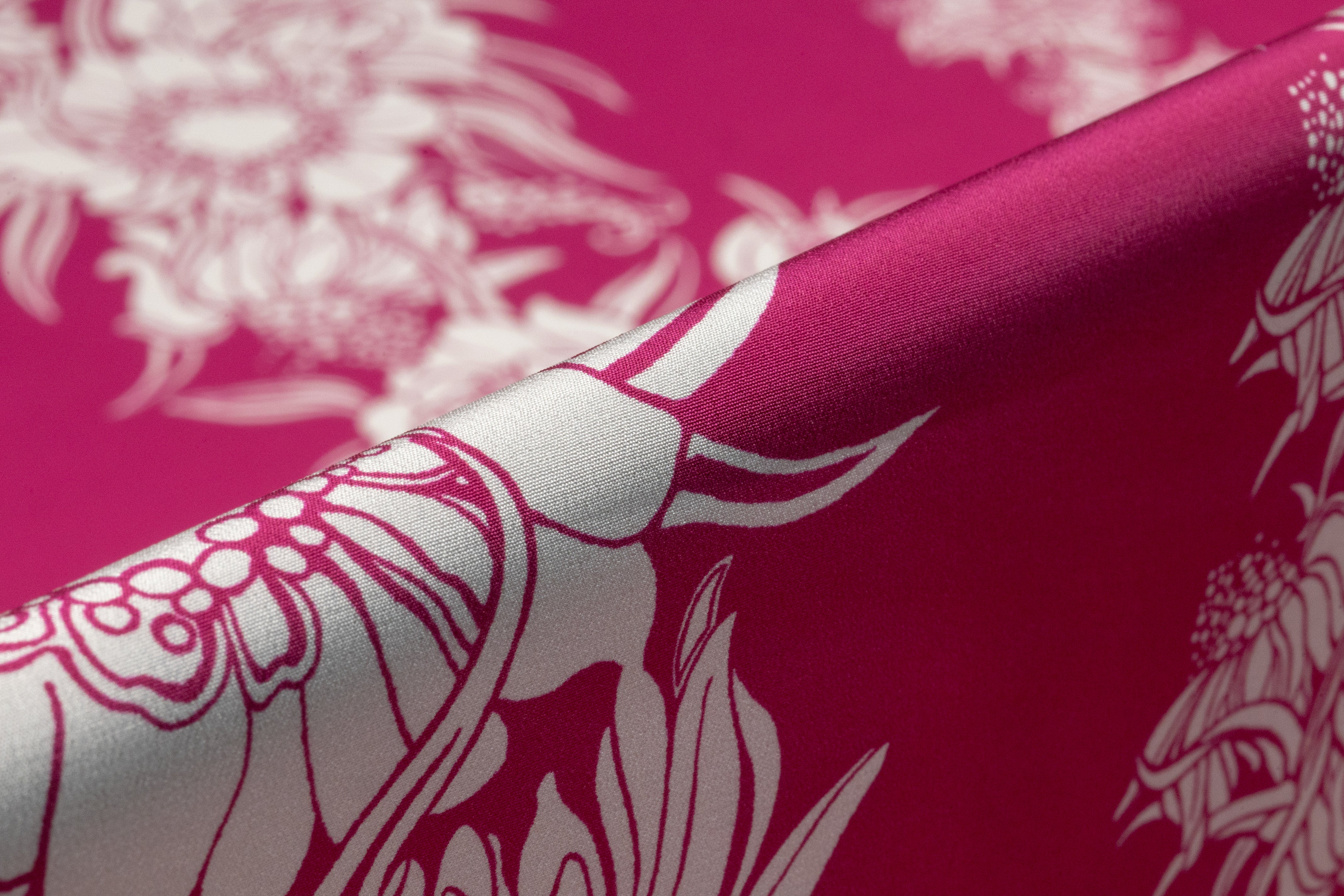 Floral Striped Italian Silk Crepe de Chine - Magenta / White