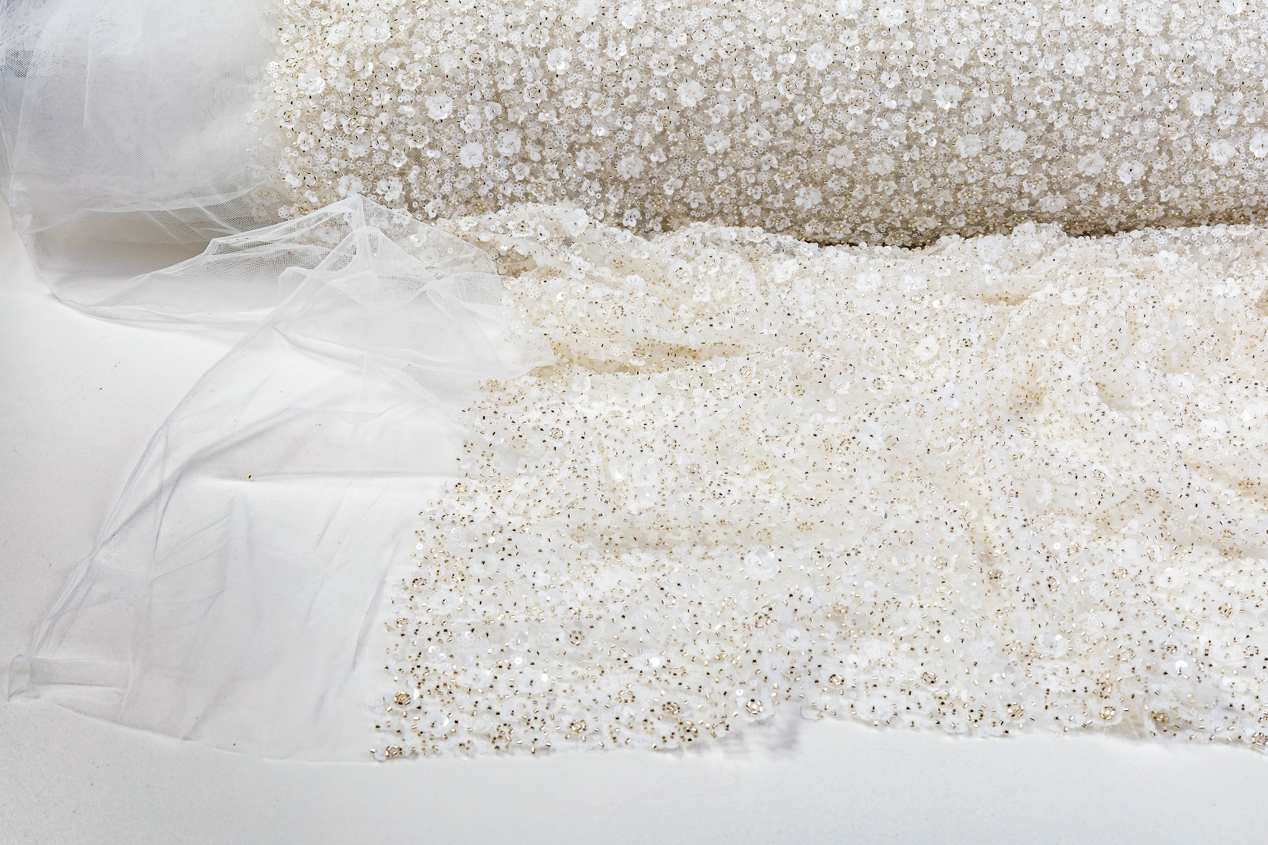 Beaded and Sequined Tulle - Off White / Silver