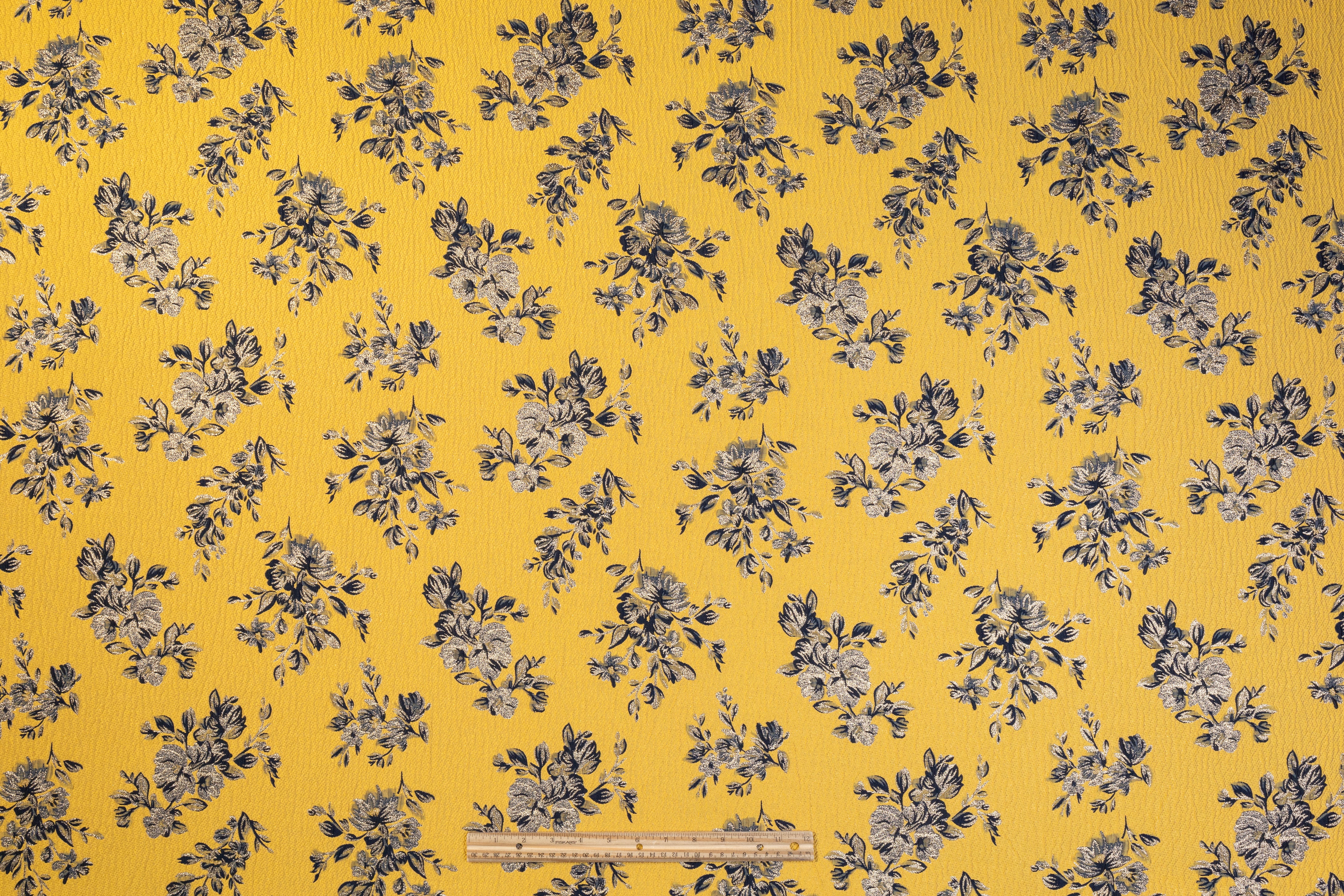 Double Faced Floral Metallic Brocade - Navy / Yellow