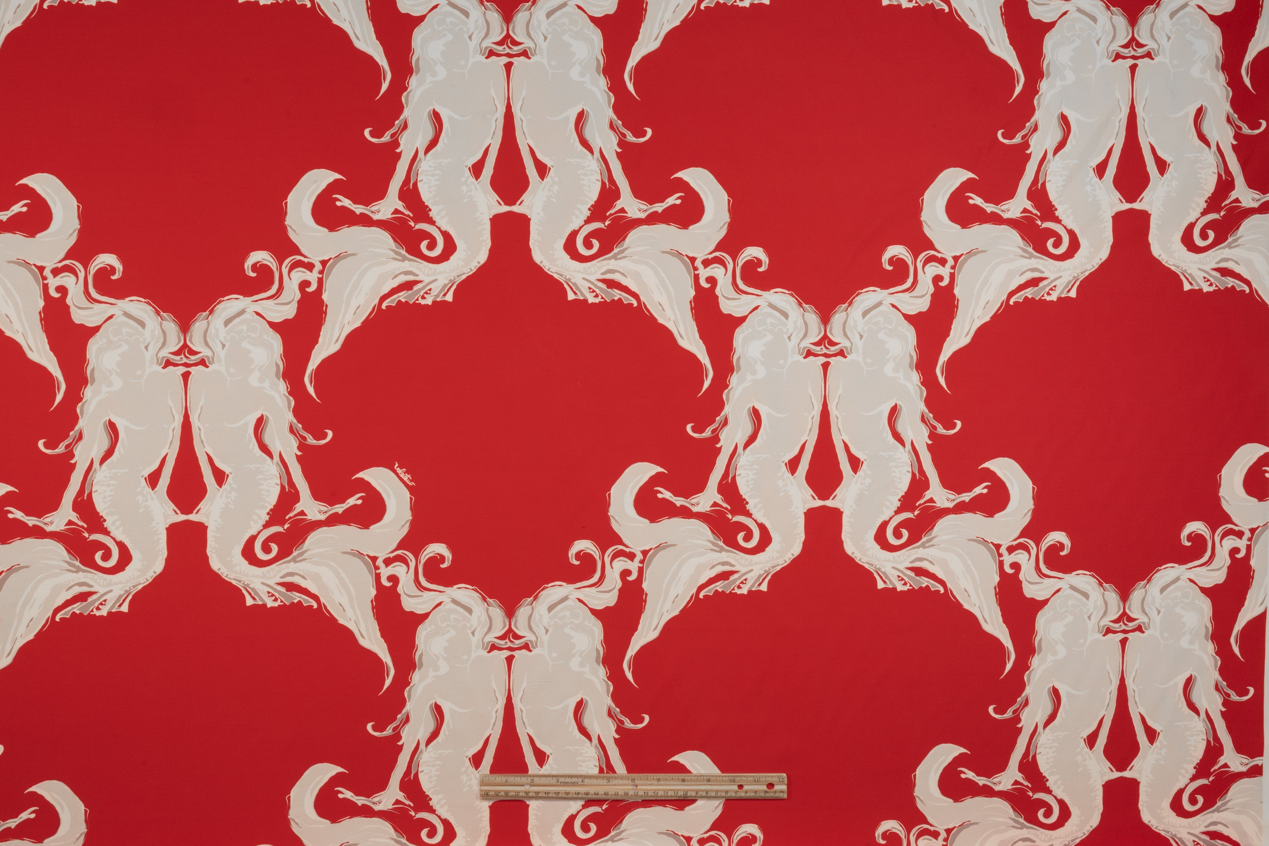 Mermaid Printed Italian Silk and Wool Crepe - Red / Gray