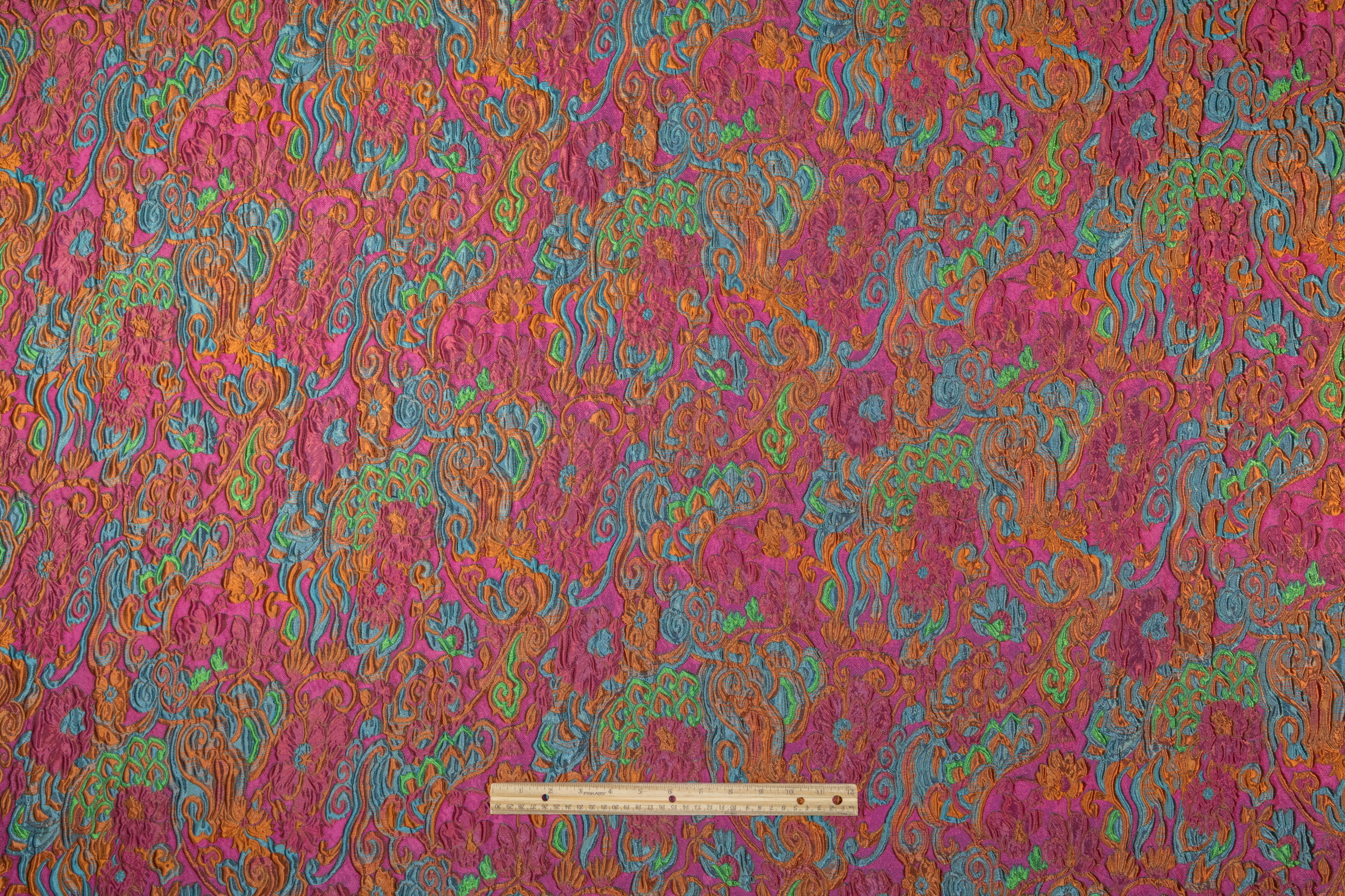Antique Floral Scroll Italian Brocade - Magenta / Blue / Green / Rust