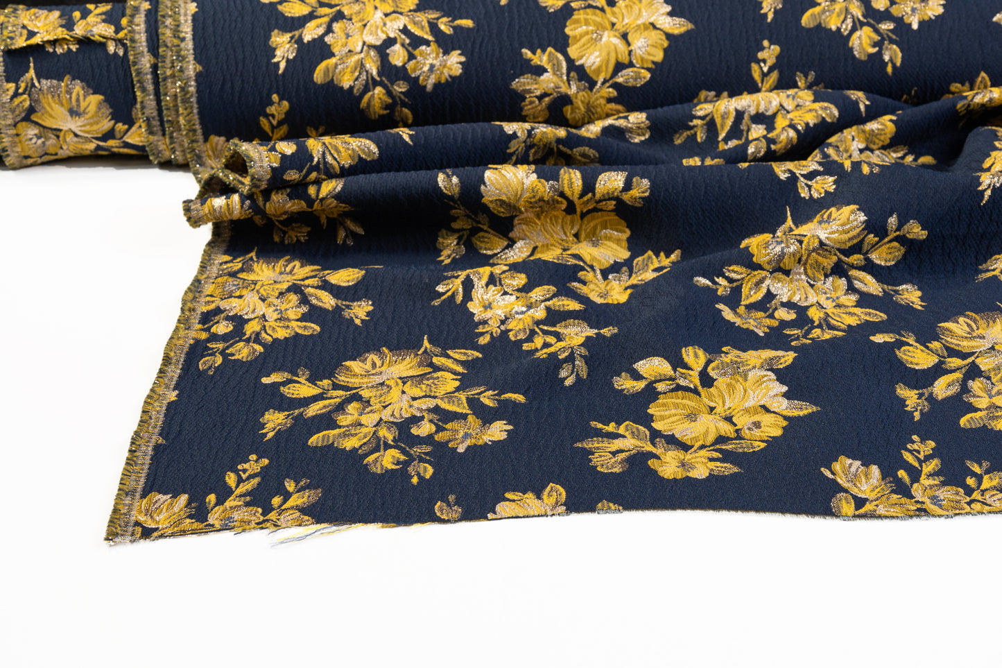 Double Faced Floral Metallic Brocade - Navy / Yellow