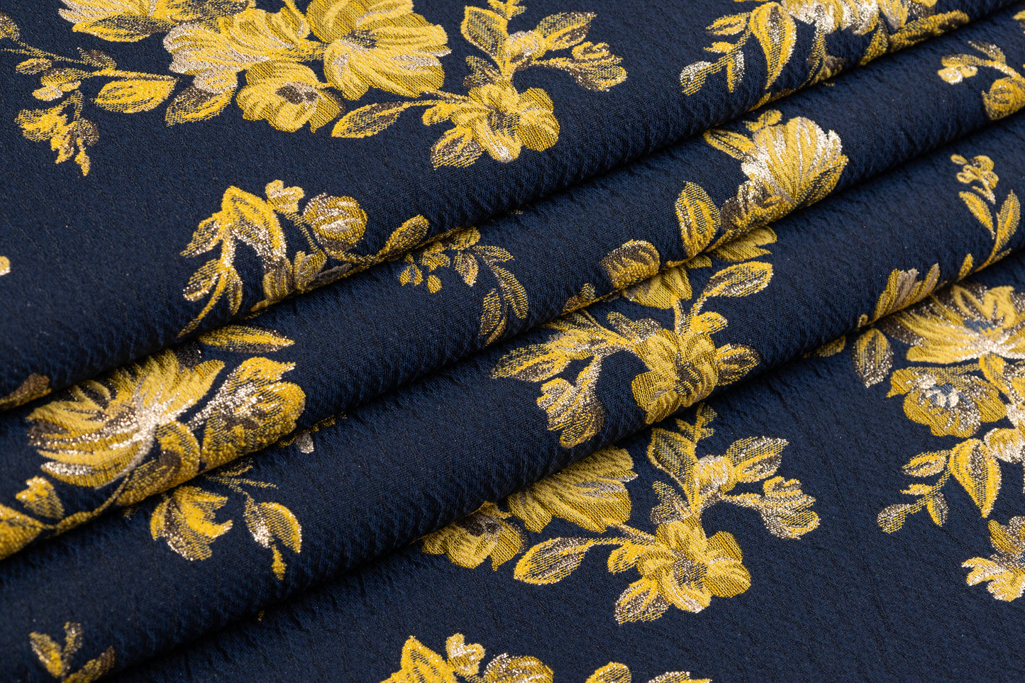 Double Faced Floral Metallic Brocade - Navy / Yellow