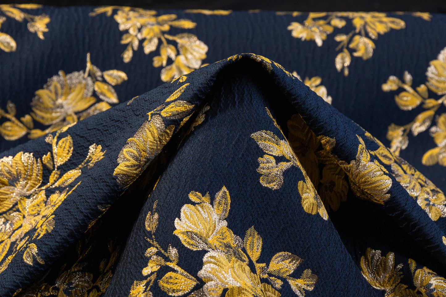 Double Faced Floral Metallic Brocade - Navy / Yellow