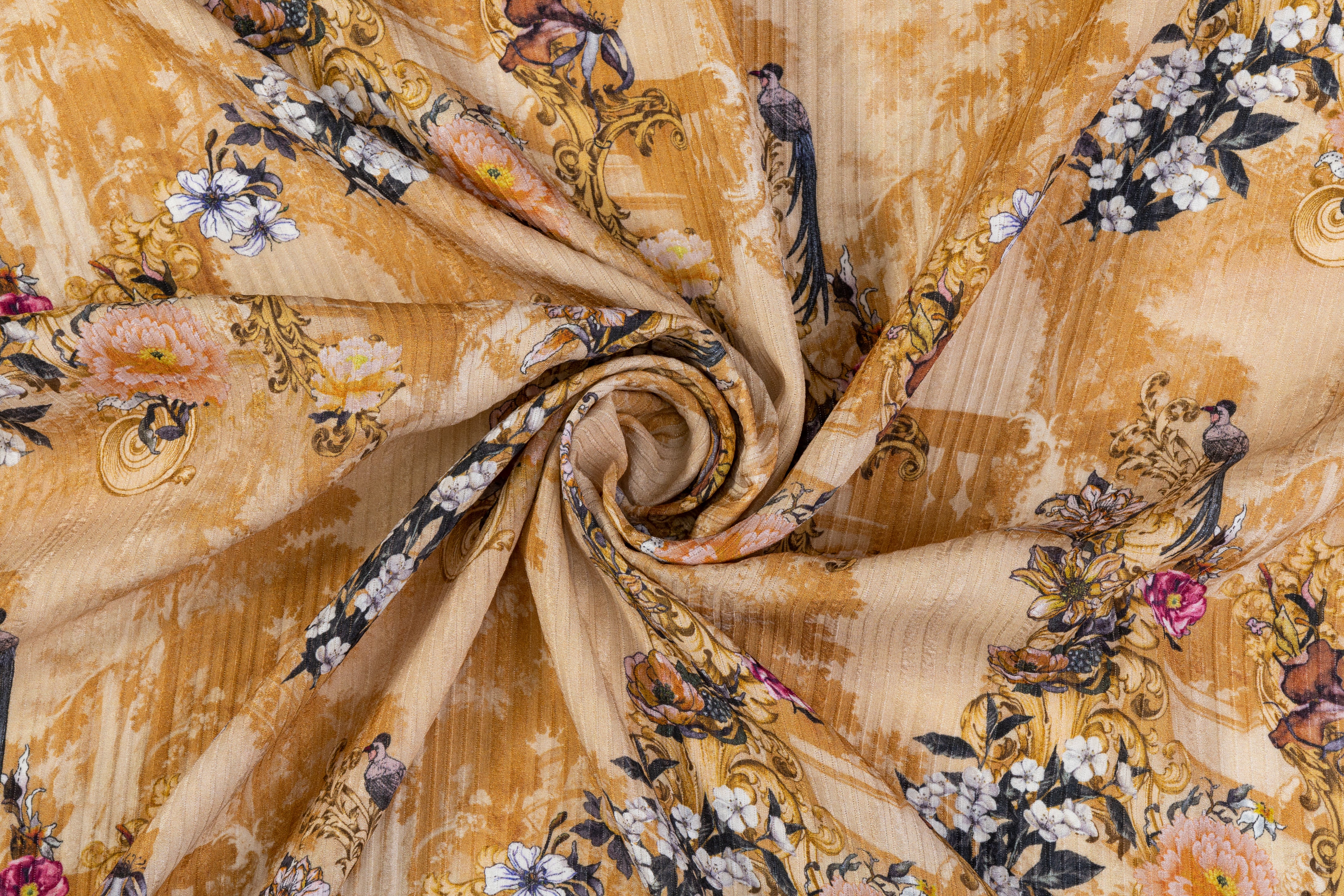 Printed and Textured Italian Silk - Tan / Multicolor