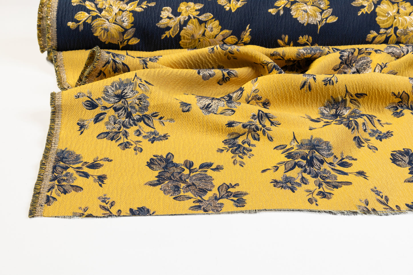 Double Faced Floral Metallic Brocade - Navy / Yellow