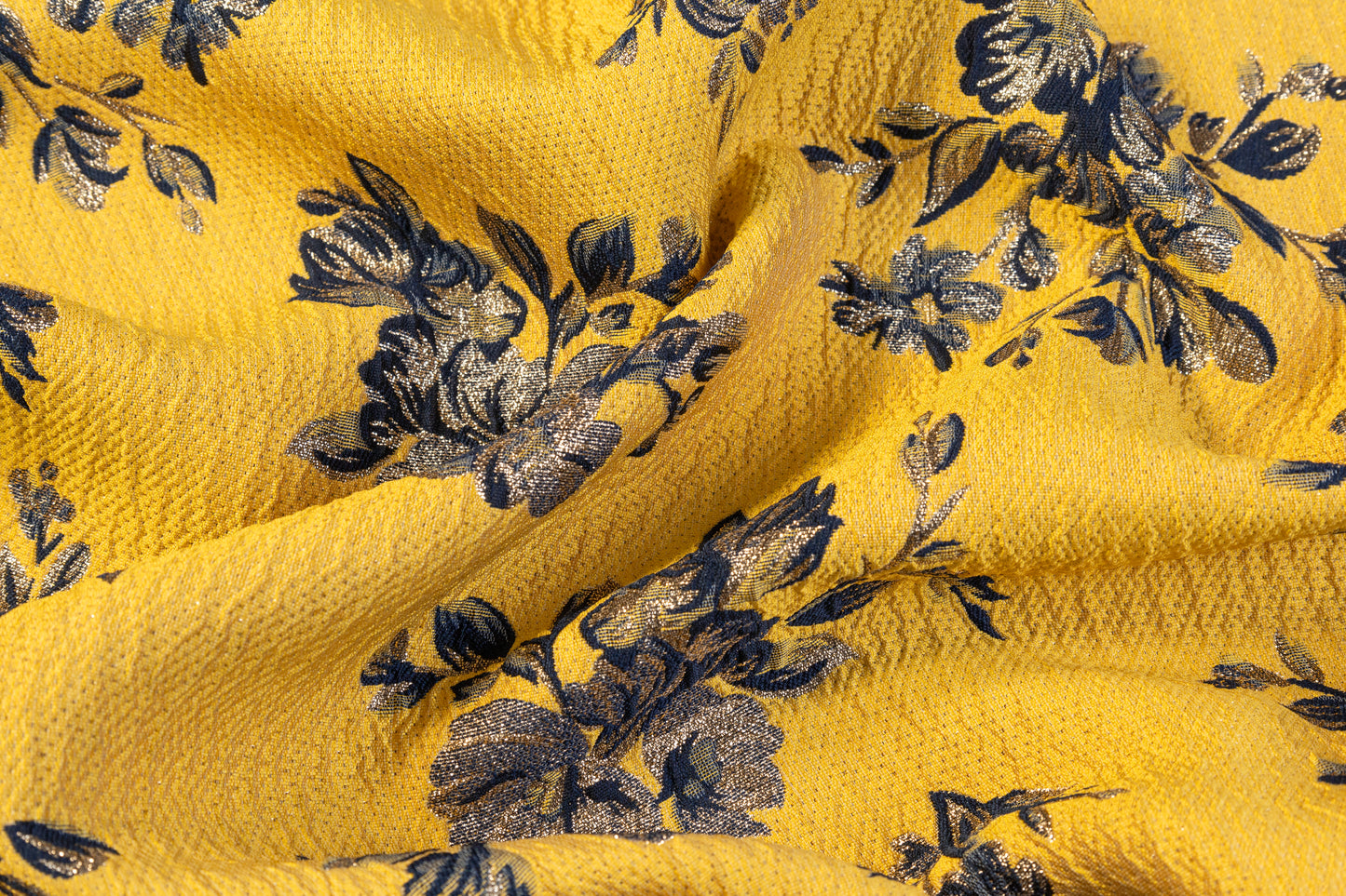 Double Faced Floral Metallic Brocade - Navy / Yellow
